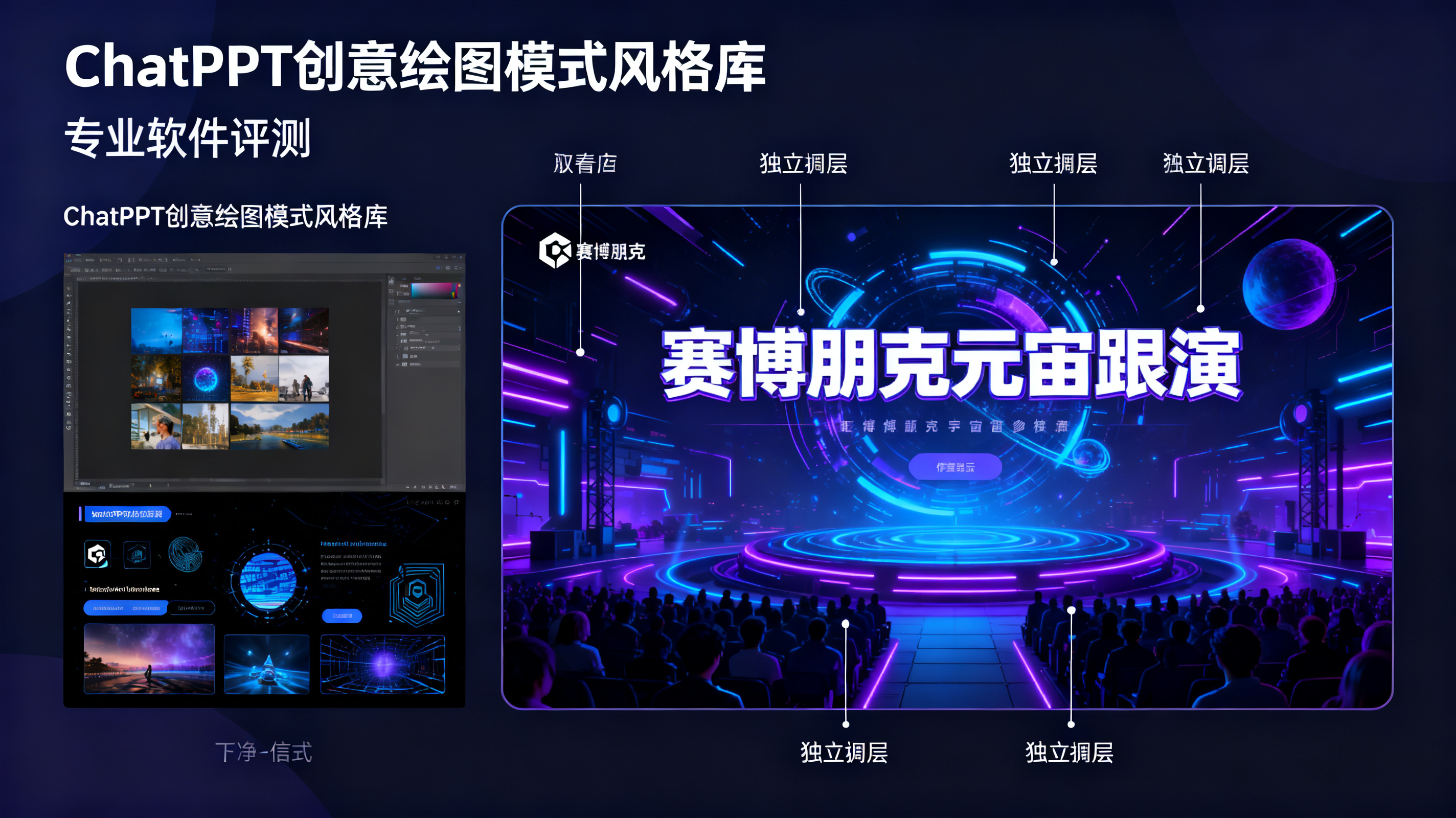 一张专业软件评测截图，左侧为 ChatPPT 创意绘图模式风格库，右侧为赛博朋克元宇宙路演页面，文字、图片、图形、Logo 被标注为独立图层，蓝紫霓虹光效，高信息密度，界面干净