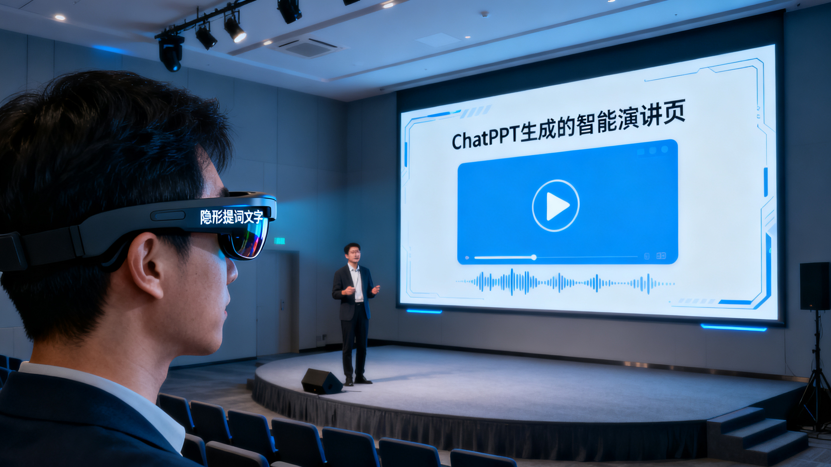 一位演讲者佩戴AI智能眼镜站在小型路演厅，前方大屏显示 ChatPPT 生成的智能演讲页，页面带有播放按钮和语音波形，眼镜镜片反射出隐形提词文字，画面科技感强，写实风格，蓝灰色调，突出远程路演与语音克隆概念