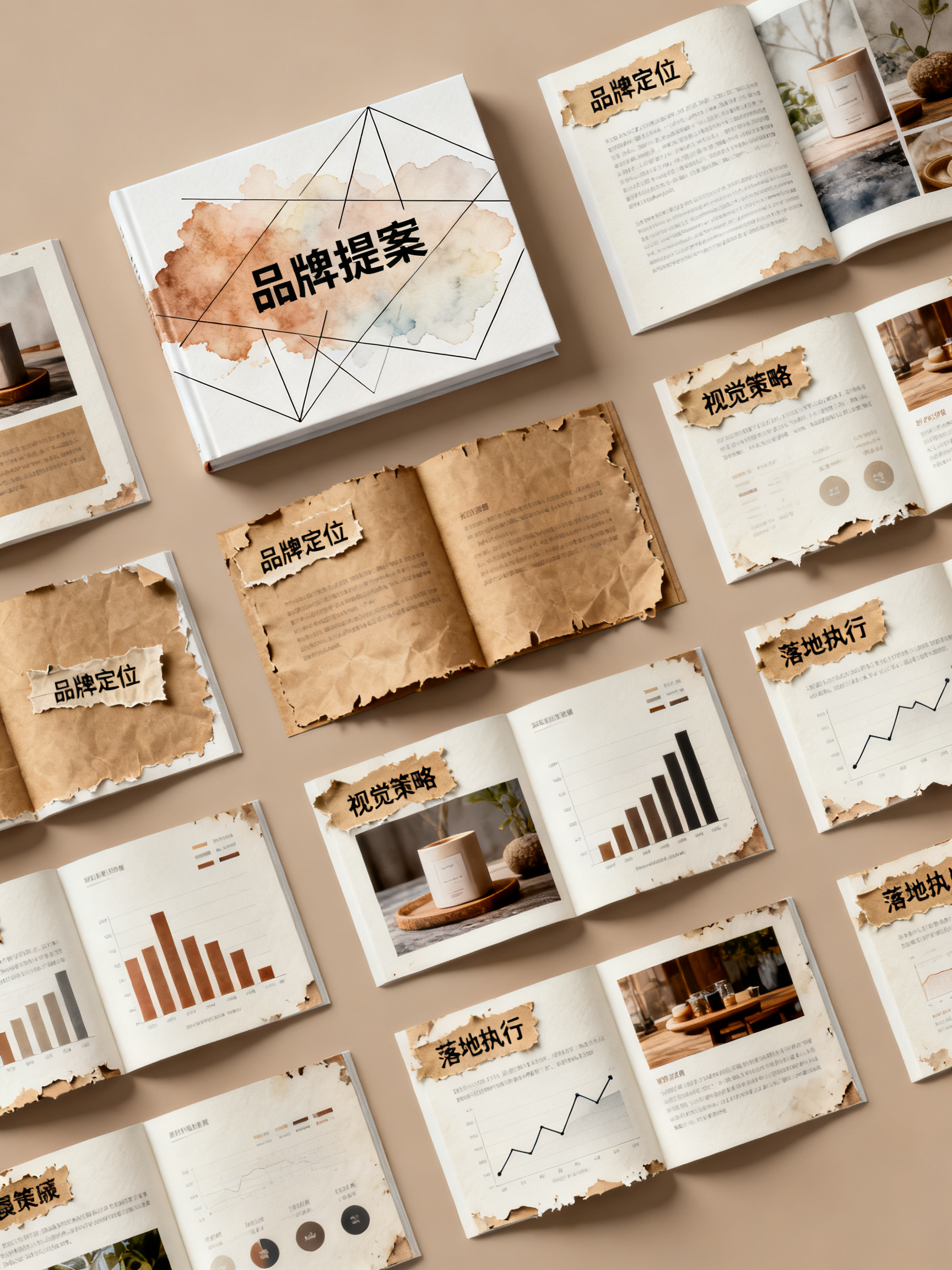 品牌提案场景中的演示文稿排版，封面为水彩与几何融合风格，章节页使用牛皮纸贴画质感，正文页保持写实配图与清晰图表，整体风格统一但页面类型有变化