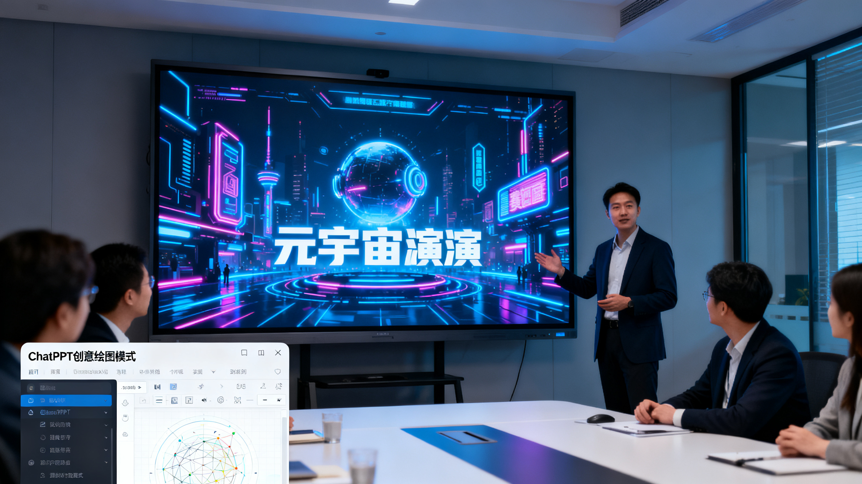 咨询顾问在会议室用大屏展示赛博朋克风格元宇宙路演PPT，画面一角呈现ChatPPT创意绘图模式界面，专业摄影，冷色科技光，16:9