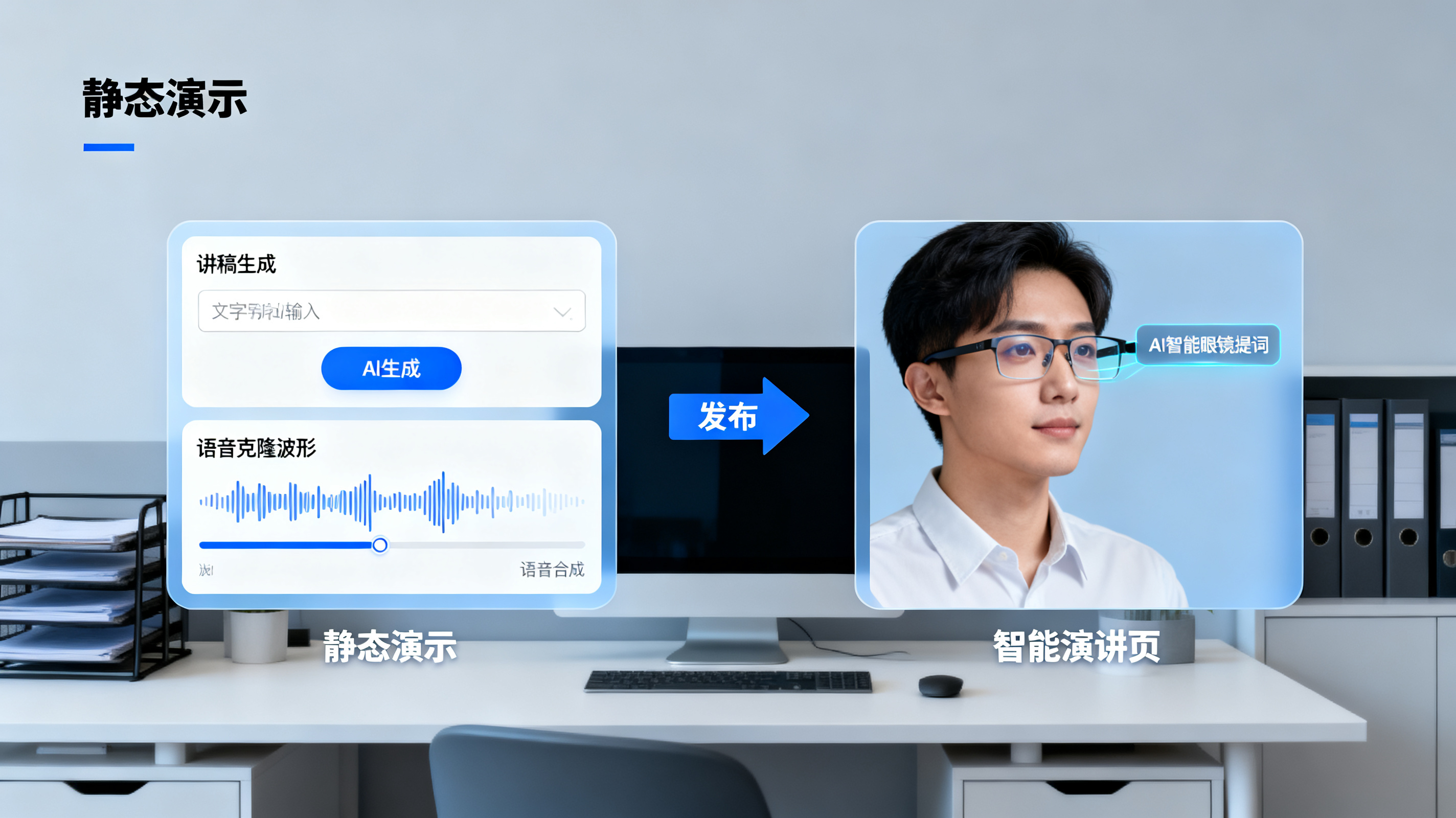 专业评测流程图,静态演示页发布为智能演讲页,包含讲稿生成、语音克隆波形、AI智能眼镜提词场景,科技感克制,真实办公场景,不出现品牌标识