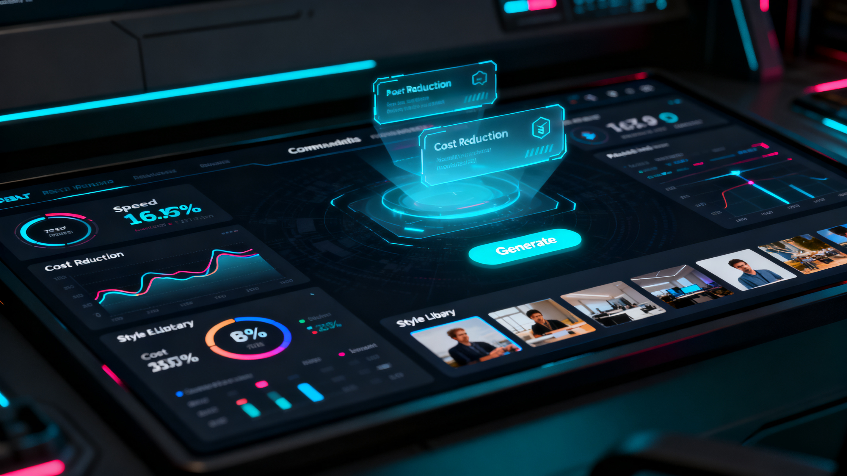 A futuristic command center dashboard displaying real-time rendering metrics—speed graphs, cost reduction percentages, style library thumbnails, and a large "Generate" button. Holographic UI elements, dark theme with neon accents, professional data visualization style, 16:9.