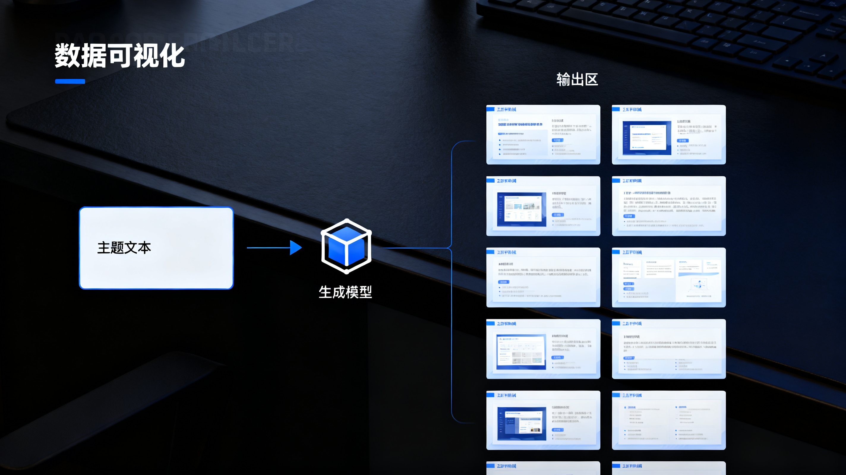 批量生成的工作流示意图,左侧输入主题文本,右侧输出多张风格统一的演示页面缩略图,中间以箭头连接生成模型图标,背景为深色工作台,数据可视化风格