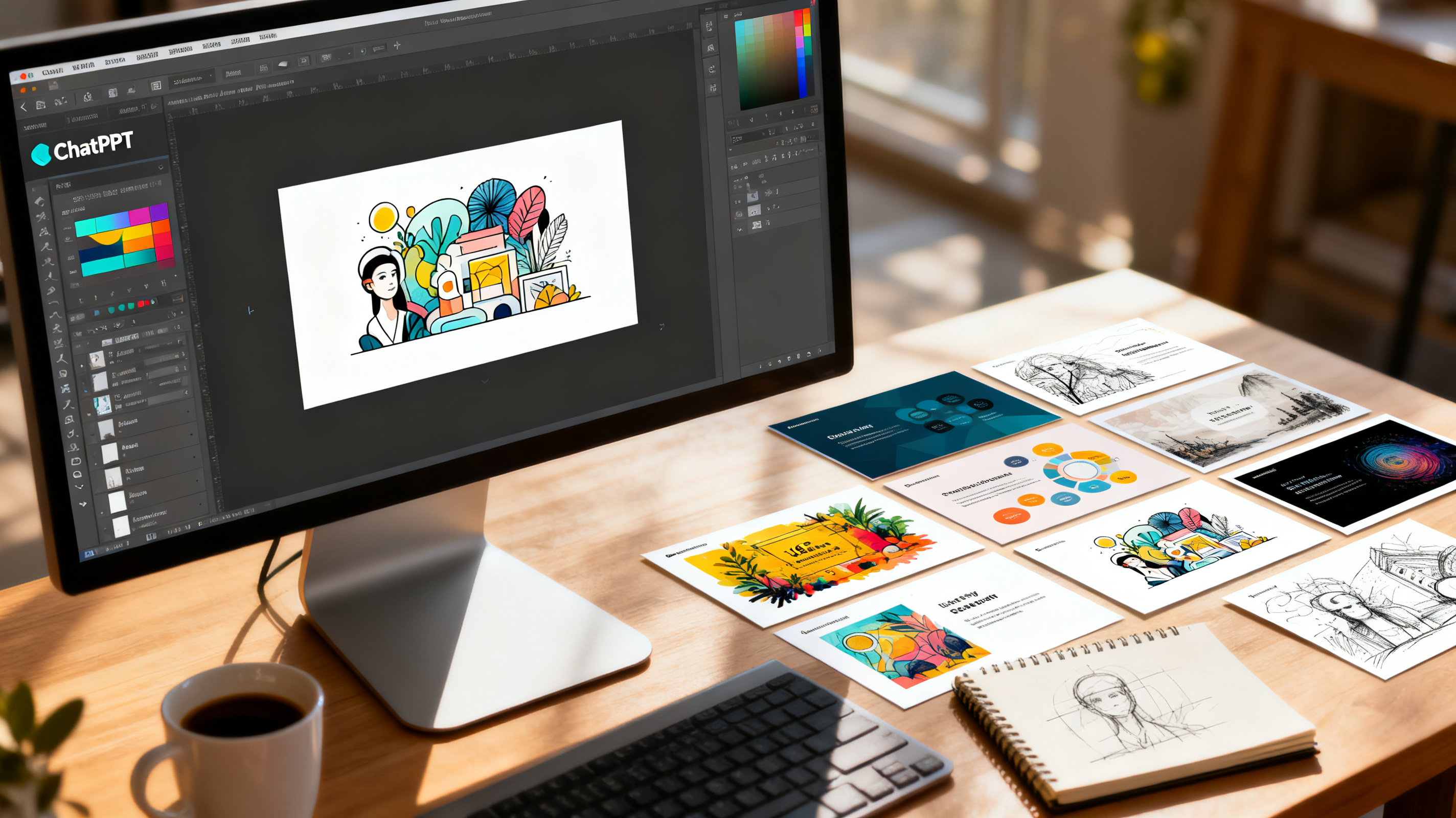 A professional workspace scene—a designer's desk with a large monitor displaying the ChatPPT editing interface, multiple finished presentation slides spread across the desk in different artistic styles, a cup of coffee, and a sketchbook. Warm natural lighting, shallow depth of field, realistic photography style, 16:9.