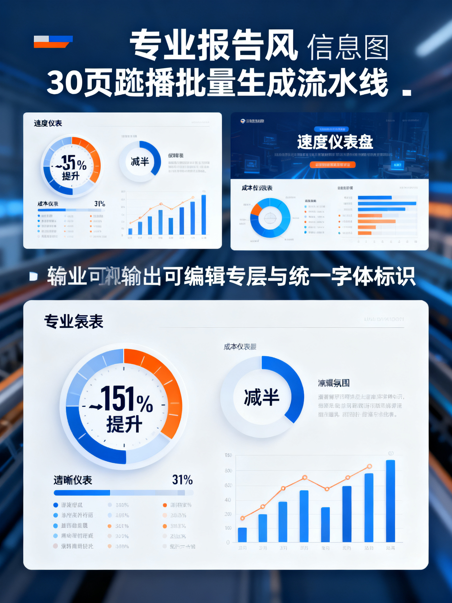 30页路演批量生成流水线，速度仪表盘标注15%~31%提升，成本仪表盘标注减半，输出可编辑图层与统一字体标识，专业报告风信息图