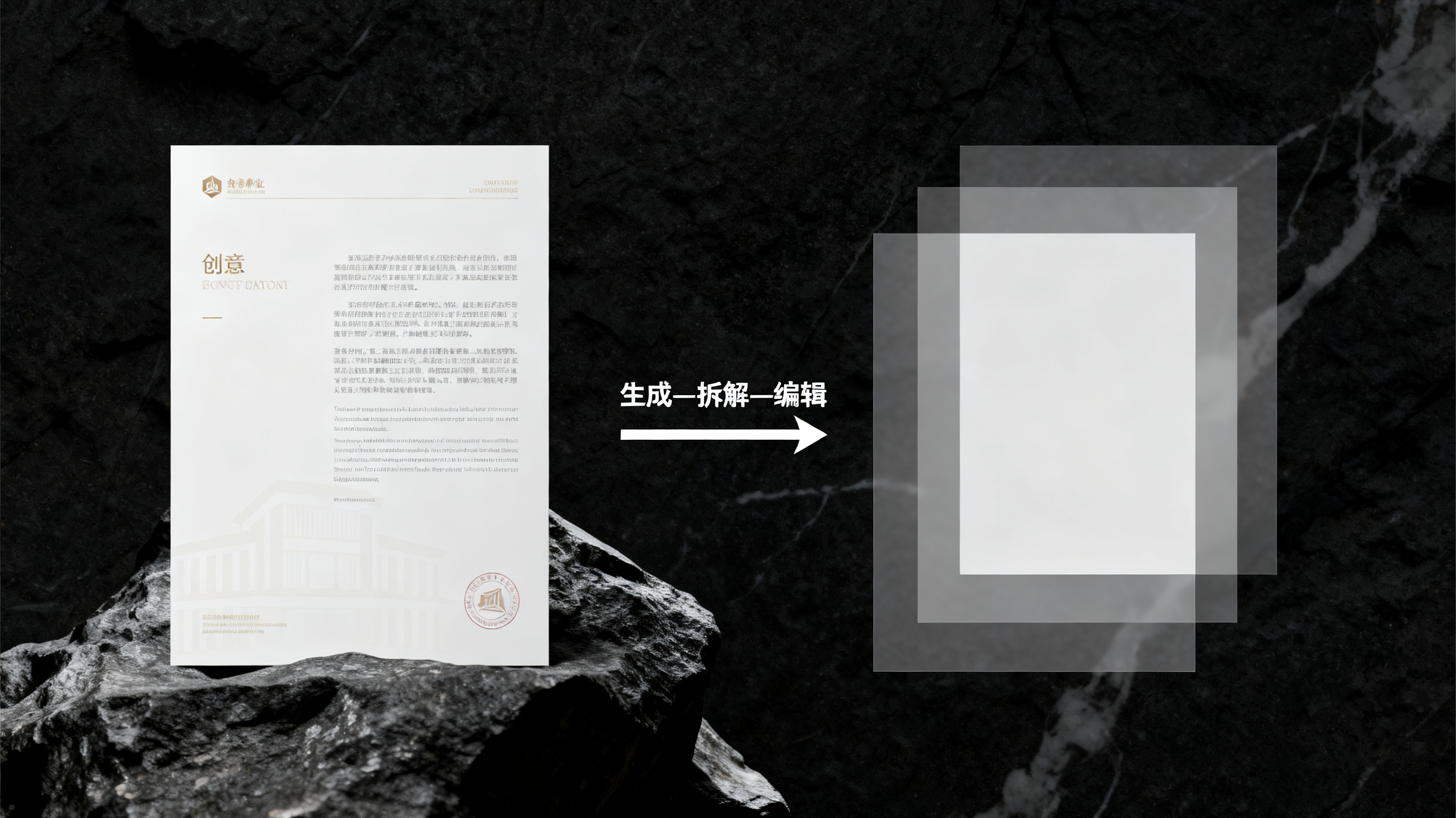 演示文稿页面从生成到编辑的最终效果展示,左侧为风格化创意页面,右侧为图层分离后的可编辑版本,中间标注“生成—拆解—编辑”流程箭头,画面精致,商业质感