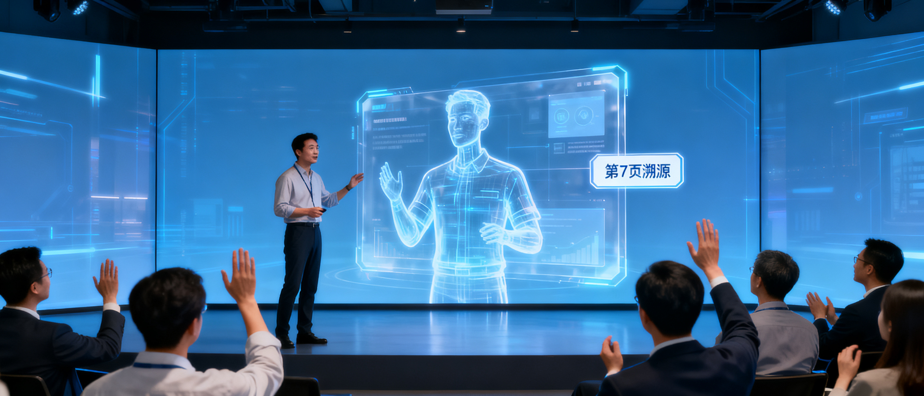 未来感融资路演现场，创始人站在透明全息屏幕前，幻灯片以数字人形态同步讲解，投资人举手追问，屏幕侧边浮现“第7页溯源”标签，冷蓝色调，商业摄影风格，超广角，高细节