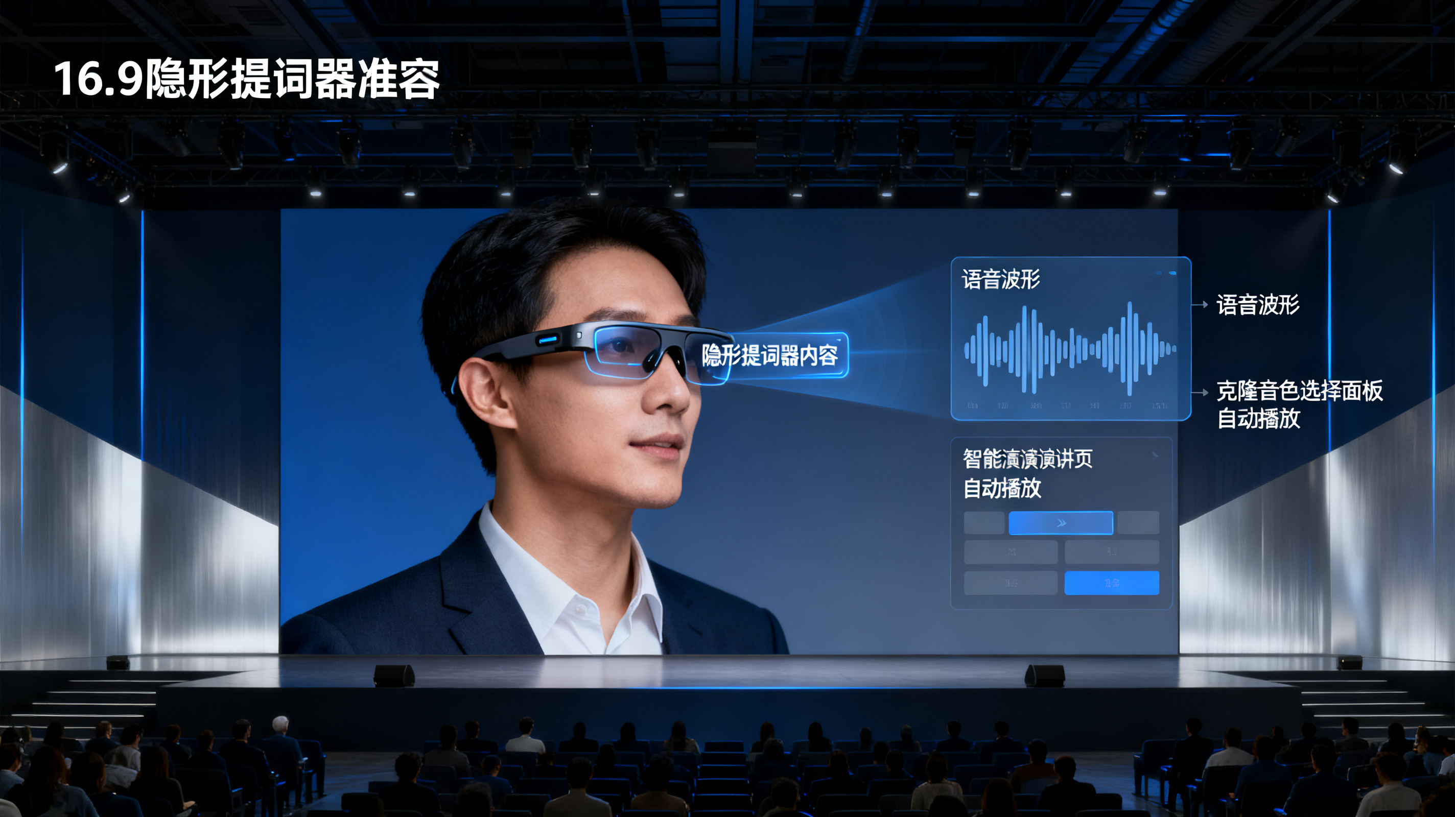 商务路演厅场景，演讲者佩戴AI智能眼镜，镜片显示隐形提词器内容，旁边悬浮语音波形与克隆音色选择面板，智能演讲页自动播放。深蓝与银灰配色，科技感克制，中文标注，专业严谨，16:9。