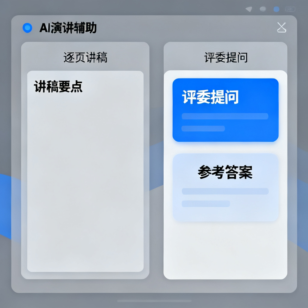 AI演讲辅助界面示意图，左栏是逐页讲稿要点，右栏是评委提问与参考答案卡片，灰蓝配色，学术风格