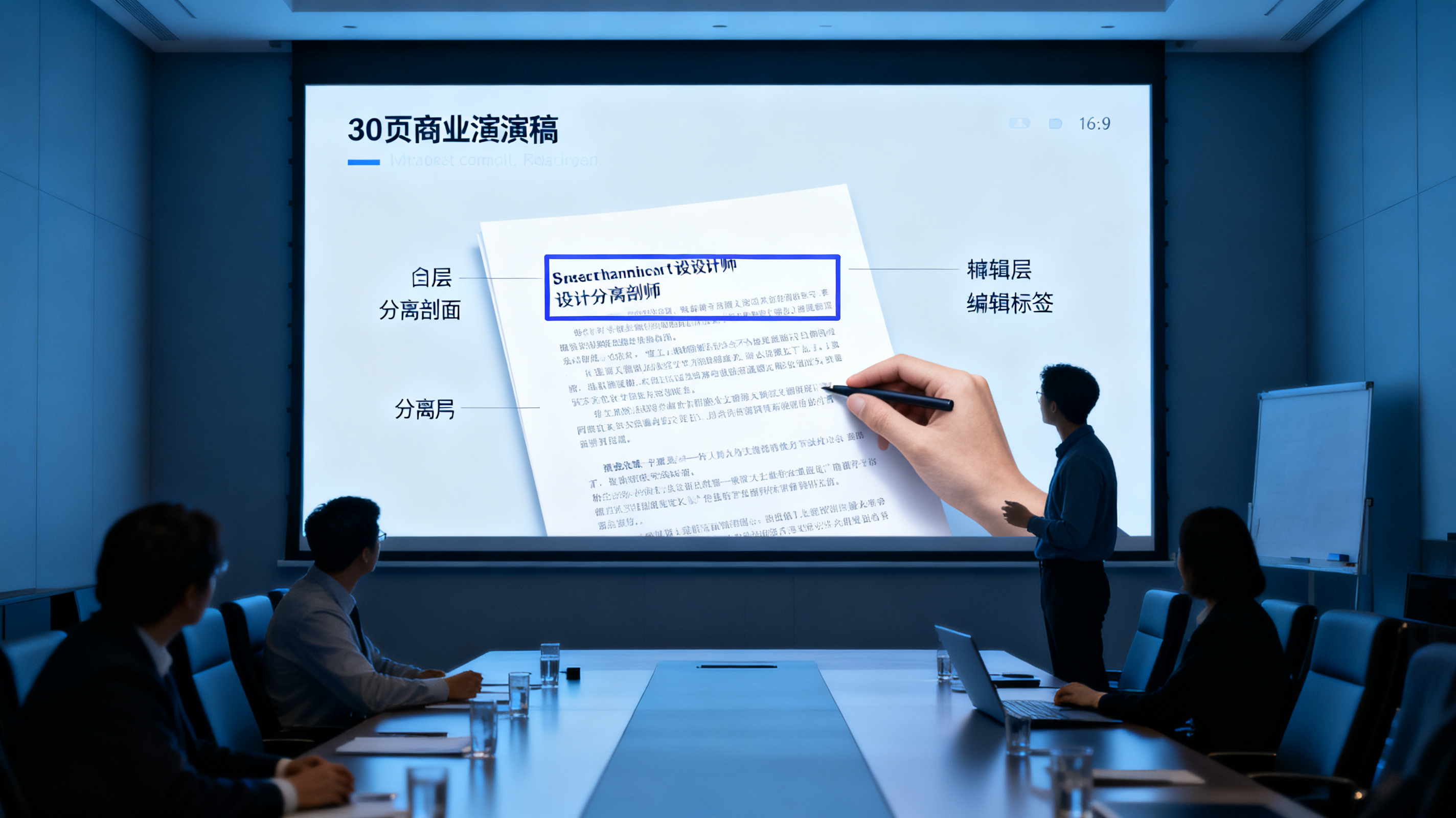 冷色调专业会议室，投影幕显示30页商业路演稿，一位设计师在单页上框选文字，屏幕呈现图层分离剖面与可编辑图层标签，科技感与商业文档质感，16:9