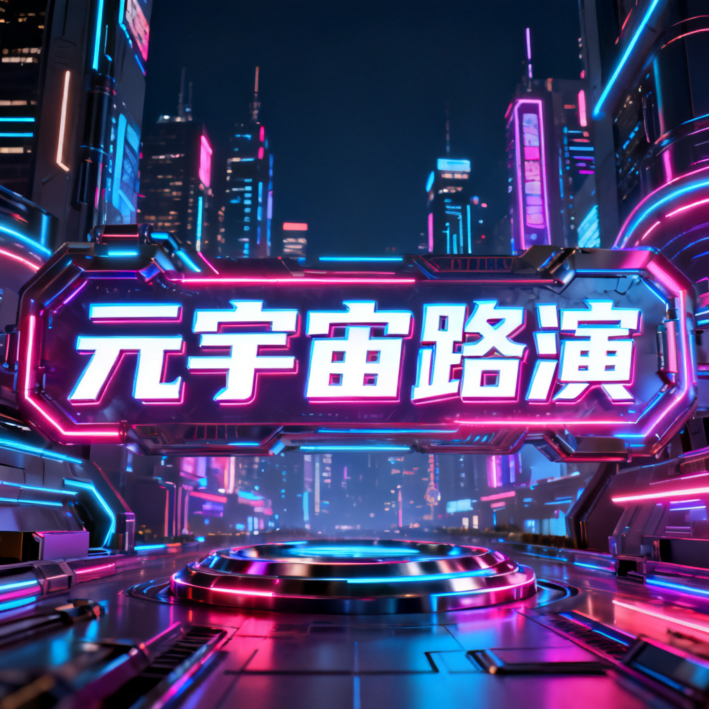 赛博朋克风格的元宇宙路演PPT封面，霓虹灯光，未来城市，3D渲染，赛博朋克风格