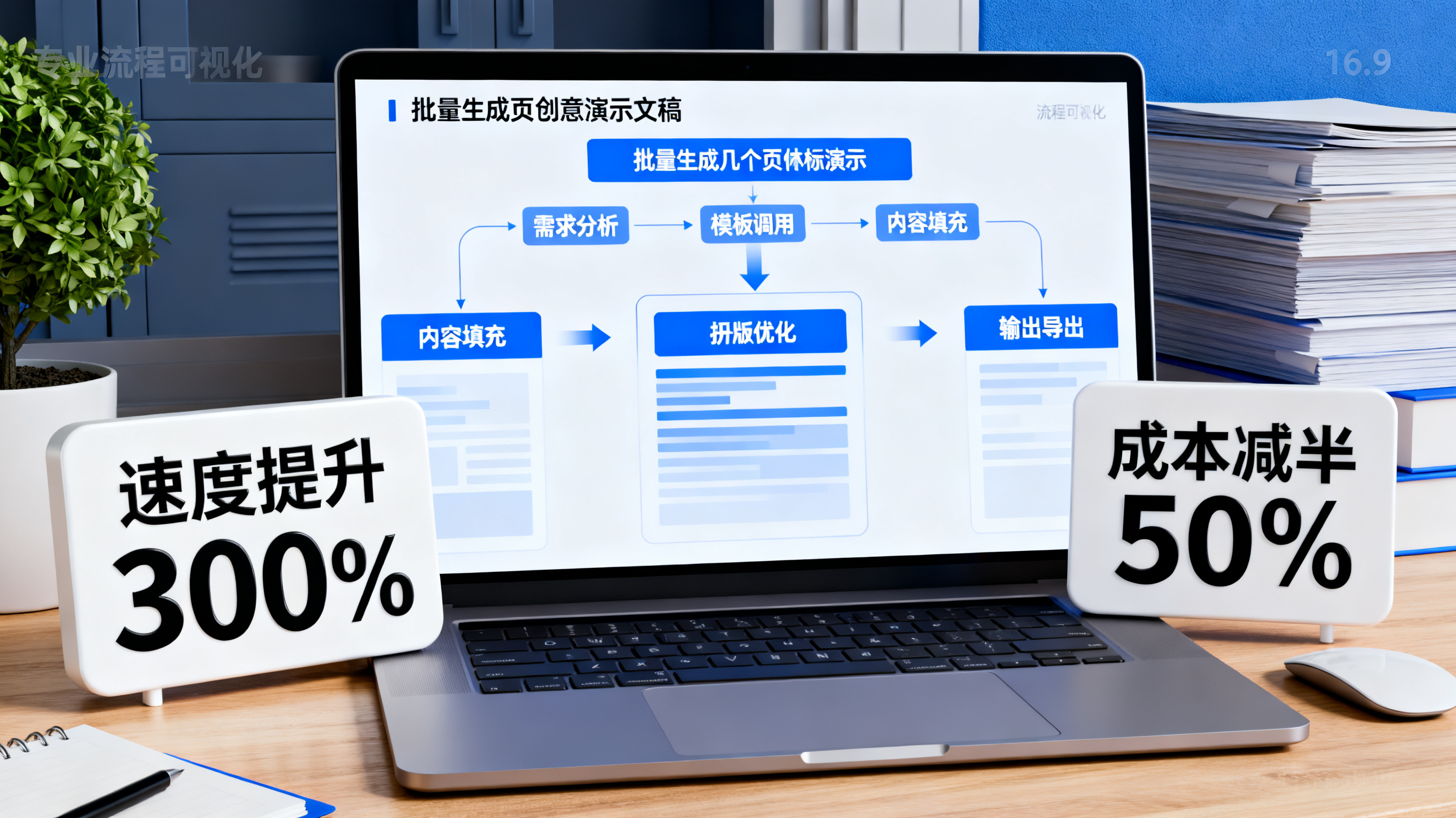 办公桌上批量生成几十页创意演示文稿的流程可视化，画面包含速度提升与成本减半的数据卡片，专业商业文档风格，16:9