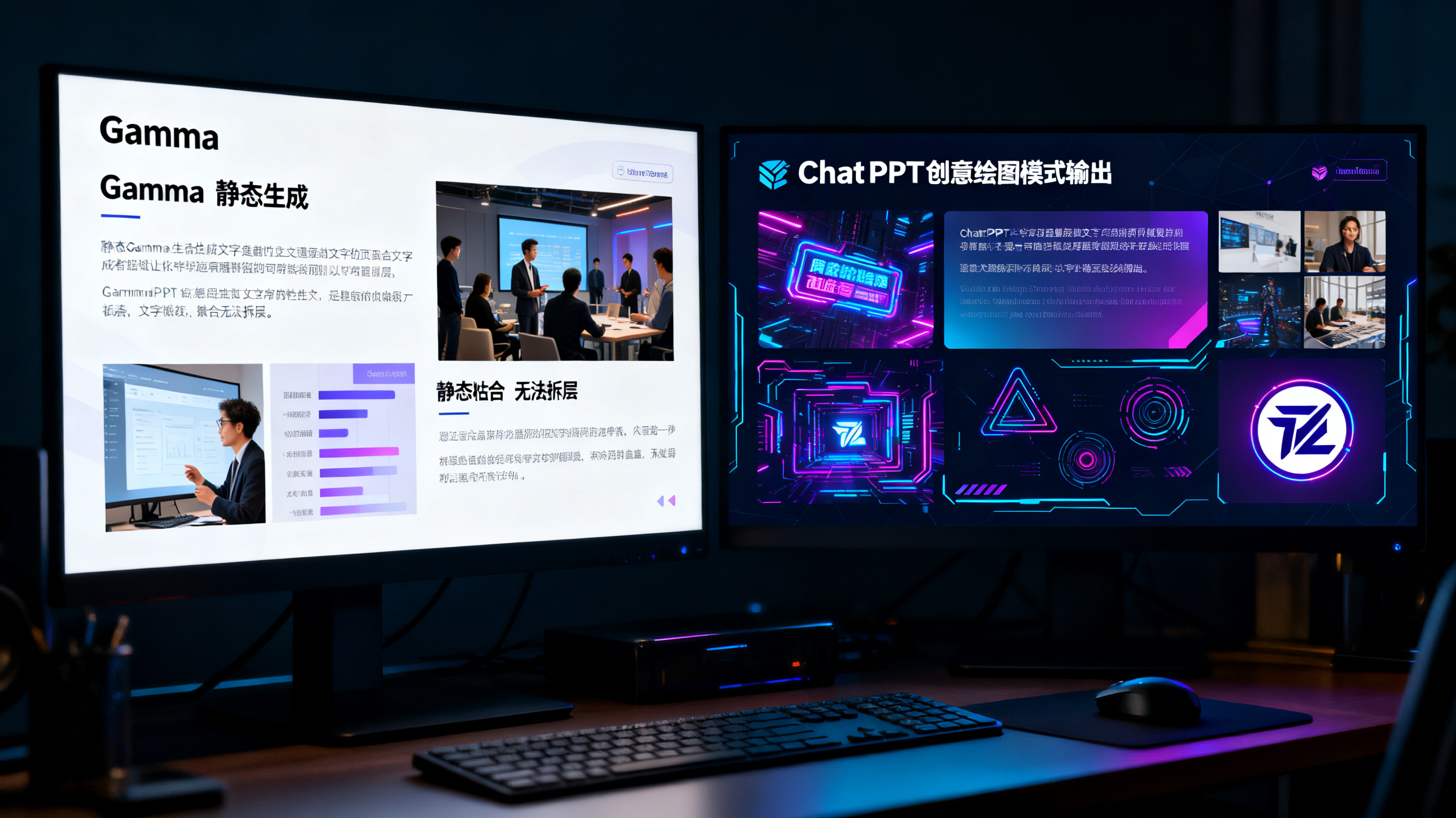 一张深色商业科技风评测工作台照片，左侧是 Gamma 生成的静态演示页面，文字与图片黏合无法拆层，右侧是 ChatPPT 创意绘图模式输出的赛博朋克风格页面，文字、图片、图形、Logo 被拆解为独立图层，屏幕光清晰，16:9