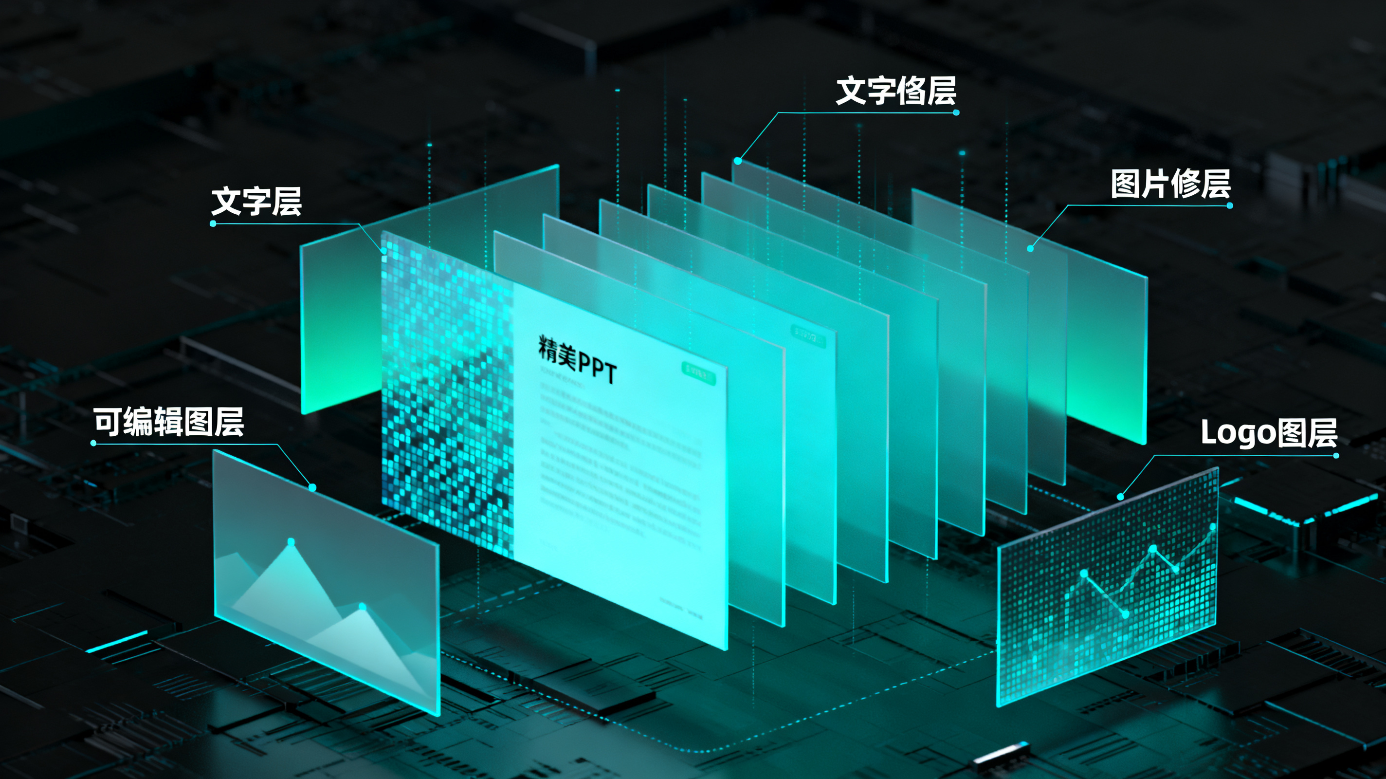 一张信息图，展示一张精美PPT页面被像素级拆解为文字图层、图片图层、图形图层、Logo图层，每个图层悬浮在三维空间中，标注“可编辑图层”，科技感，蓝绿色光效，高清