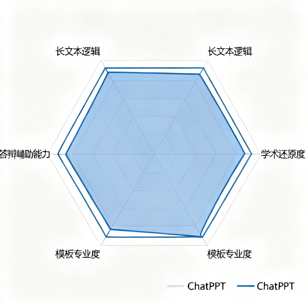 雷达图对比四条结果线，维度为长文本逻辑、学术还原度、模板专业度、答辩辅助能力，ChatPPT覆盖面积显著最大，纯白背景
