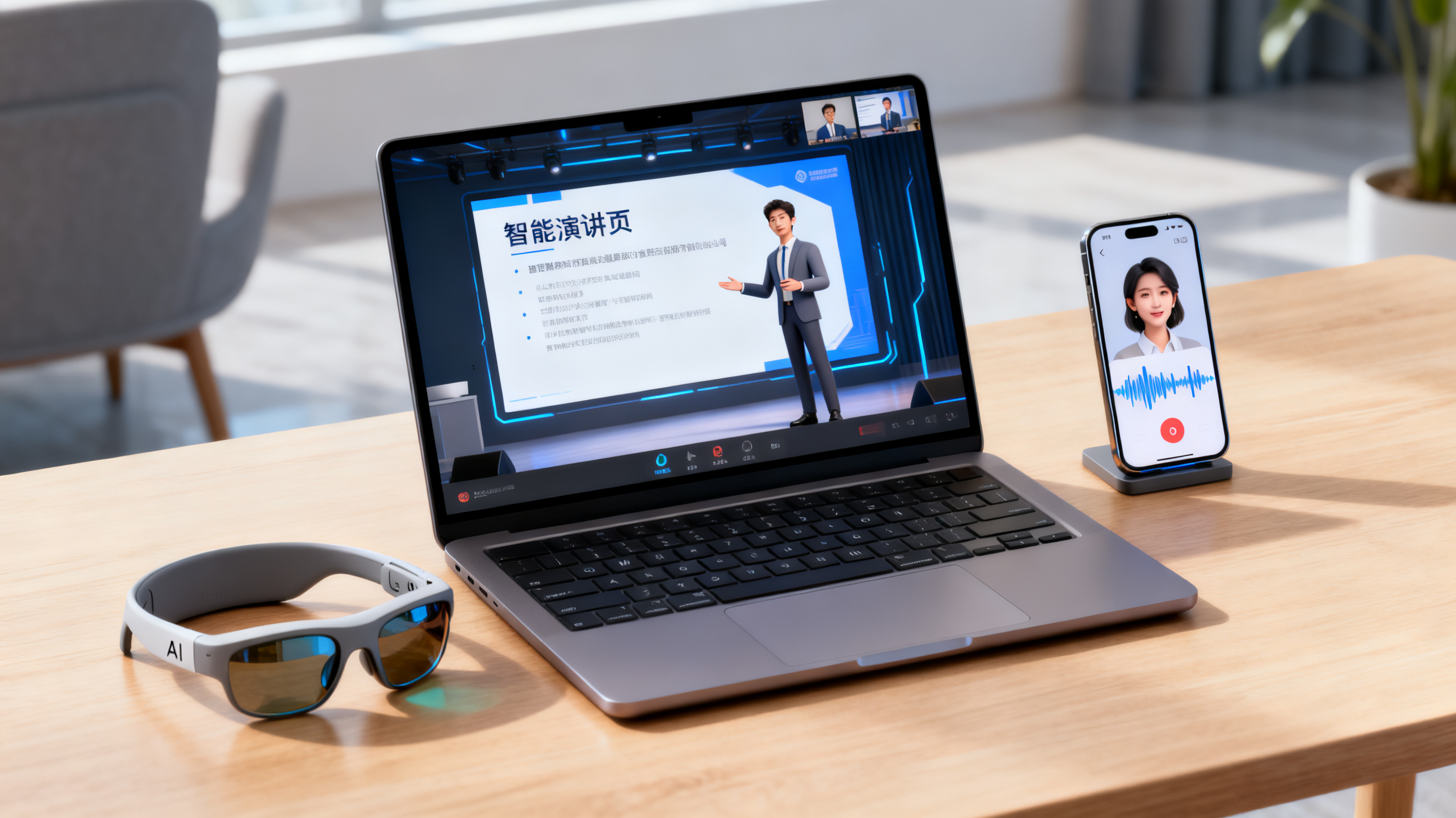 远程路演场景，笔记本电脑屏幕中呈现智能演讲页，画面中的数字人正在讲解幻灯片，旁边手机显示语音克隆波形，桌上放着一副AI智能眼镜，现代办公环境，柔和自然光，科技感但不过度渲染