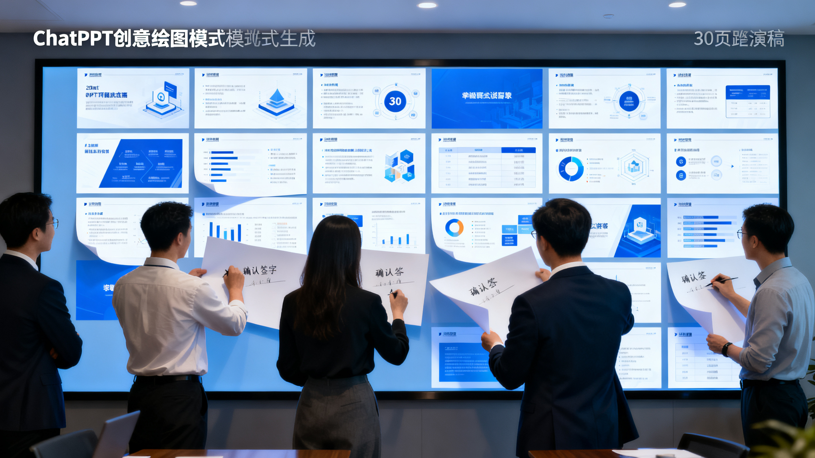 一张最终展示图，ChatPPT 创意绘图模式生成的 30 页路演稿在会议室大屏上逐页翻动，页面风格统一，文字与图形可编辑，团队在屏幕前确认签字，专业商业摄影，冷色调，高清晰度