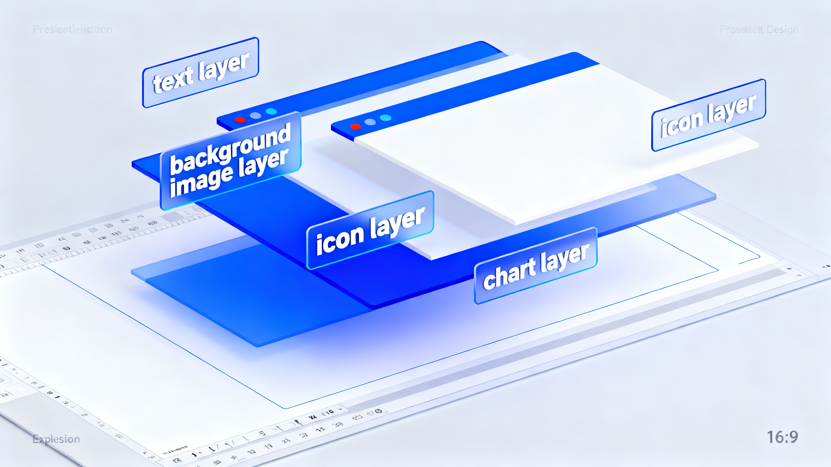 An exploded view of a presentation slide breaking apart into floating independent layers—text layer, background image layer, icon layer, chart layer—each labeled and highlighted, floating above a sleek editing canvas. Futuristic UI aesthetic, cool blues and whites, 16:9.