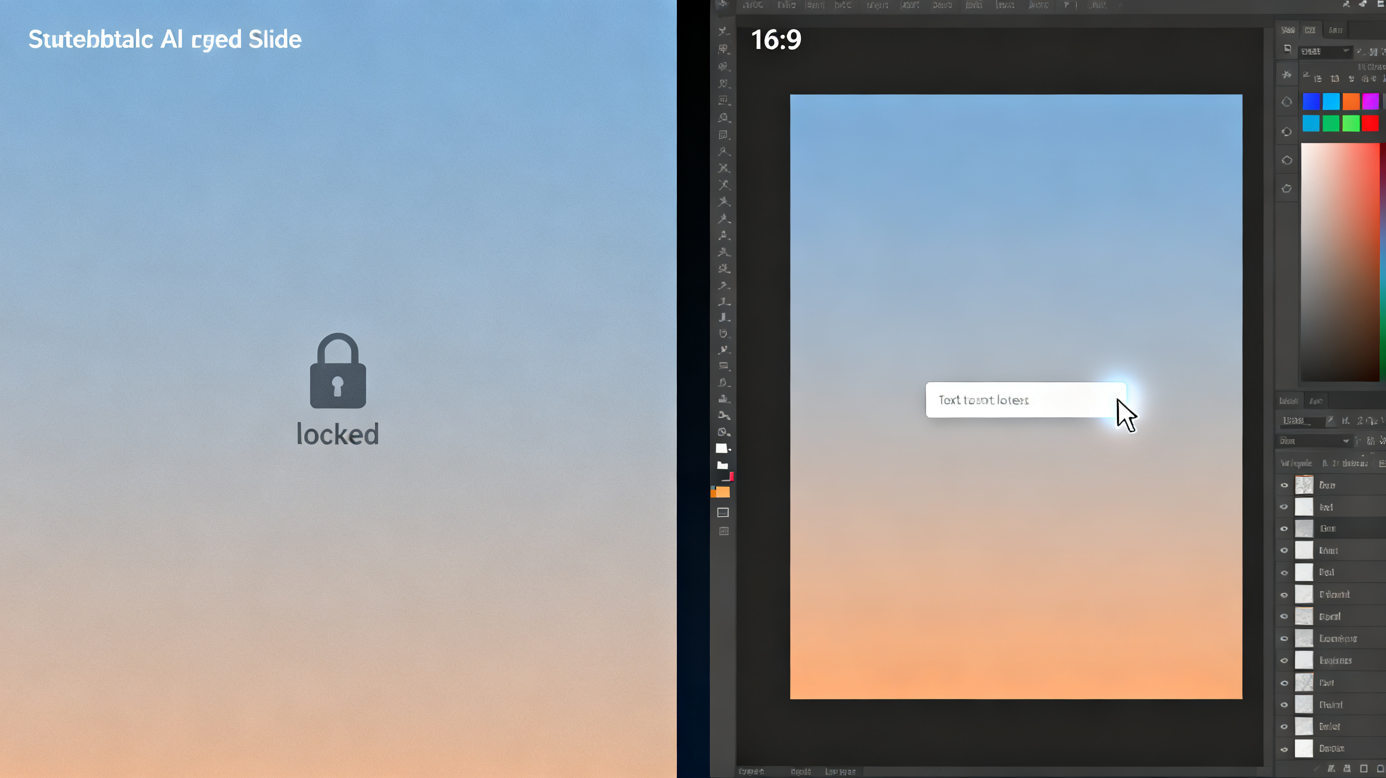 A split-screen comparison showing a static, uneditable AI-generated slide on the left (greyed out, with a "locked" icon) versus a fully layered, editable interface on the right with visible layer panels, color-coded elements, and a glowing cursor selecting a single text box. Clean minimalist style, muted blues and warm oranges, 16:9 aspect ratio.