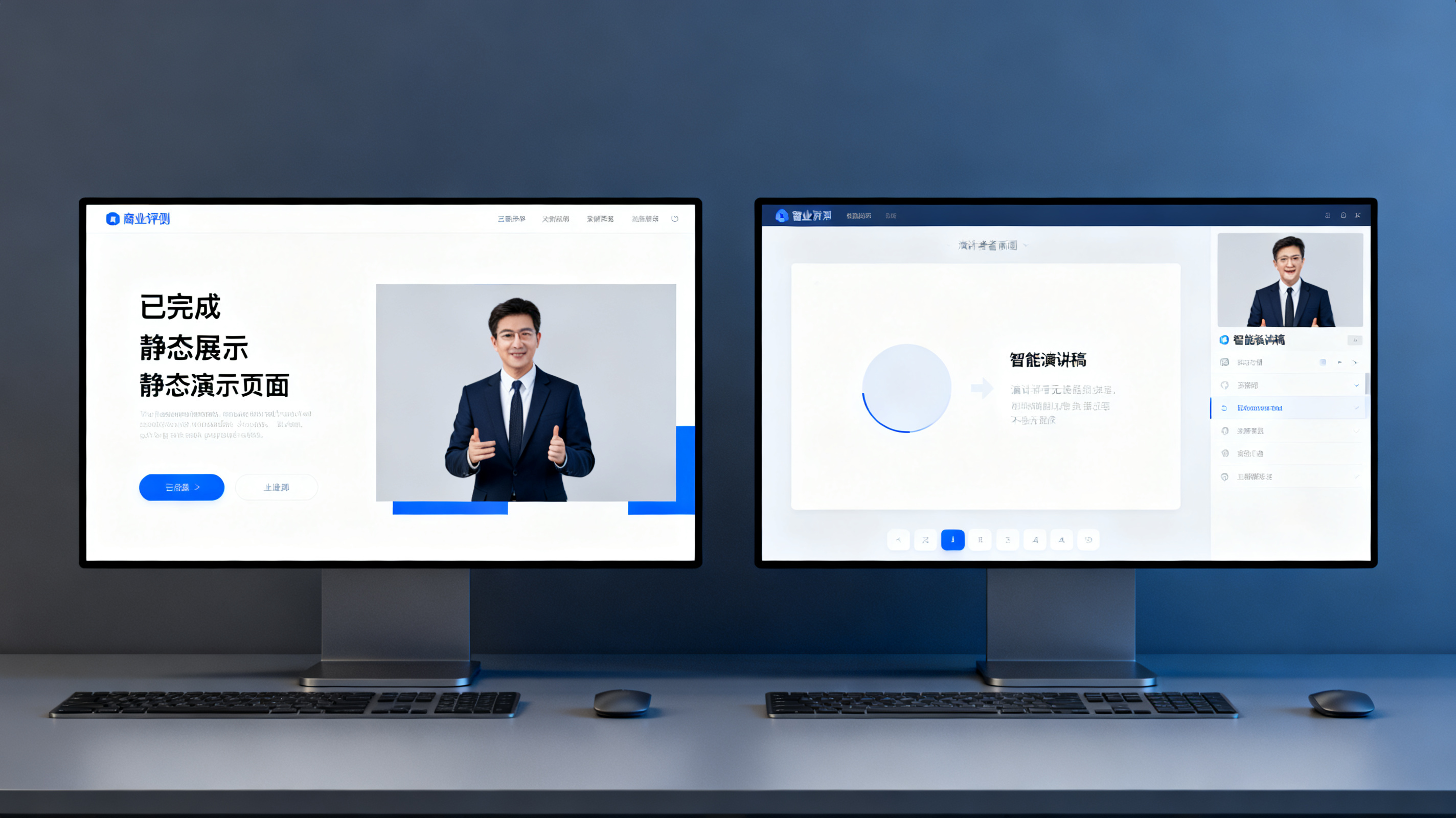 专业商业评测风格,双屏工作区,左侧为已完成静态演示页面,右侧为智能演讲稿与演讲者视图界面示意,蓝灰配色,干净克制,不出现可识别商标
