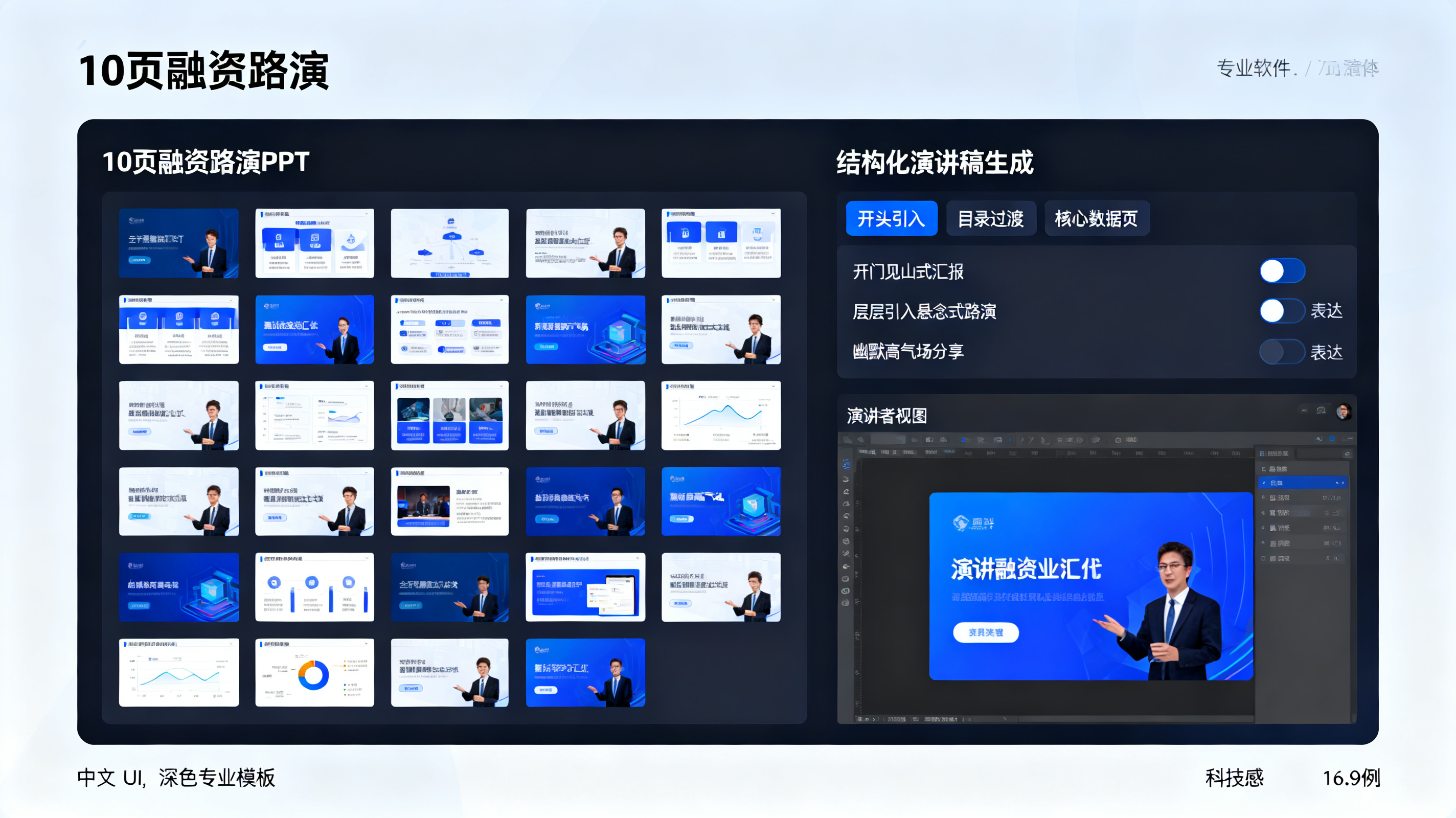 专业软件界面示意图，左侧为10页融资路演PPT缩略图，右侧为结构化演讲稿生成面板，标注开头引入、目录过渡、核心数据页标签；面板显示表达类型选项：开门见山式汇报、层层引入悬念式路演、幽默高气场分享；下方为演讲者视图预览。中文UI，深色专业模板，克制科技感，16:9。