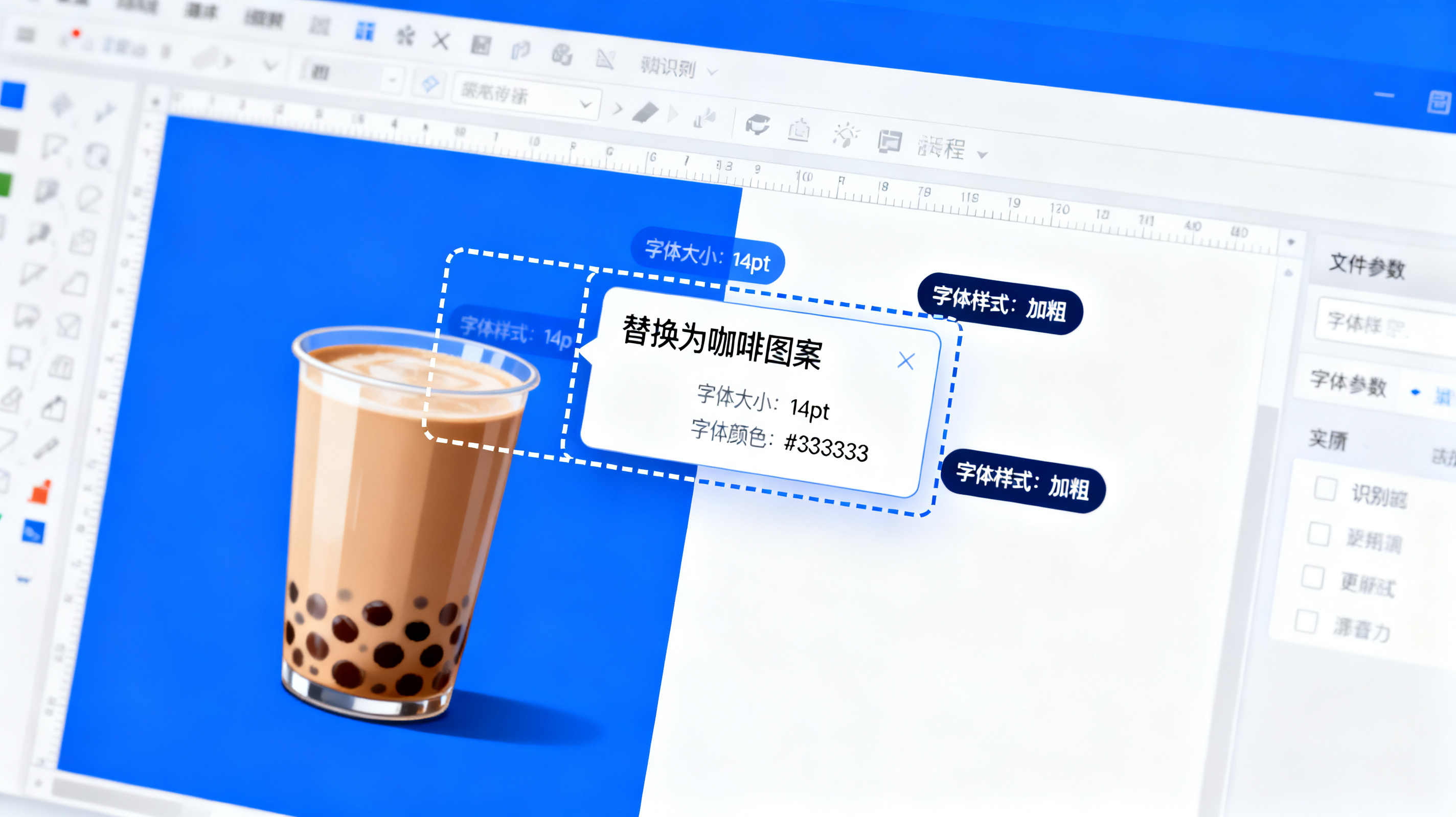 演示文稿编辑界面特写,虚线选框圈定页面中一杯奶茶图案,对话框显示替换指令,周围环绕字体参数识别标签,界面干净,蓝白配色,专业软件截图风格