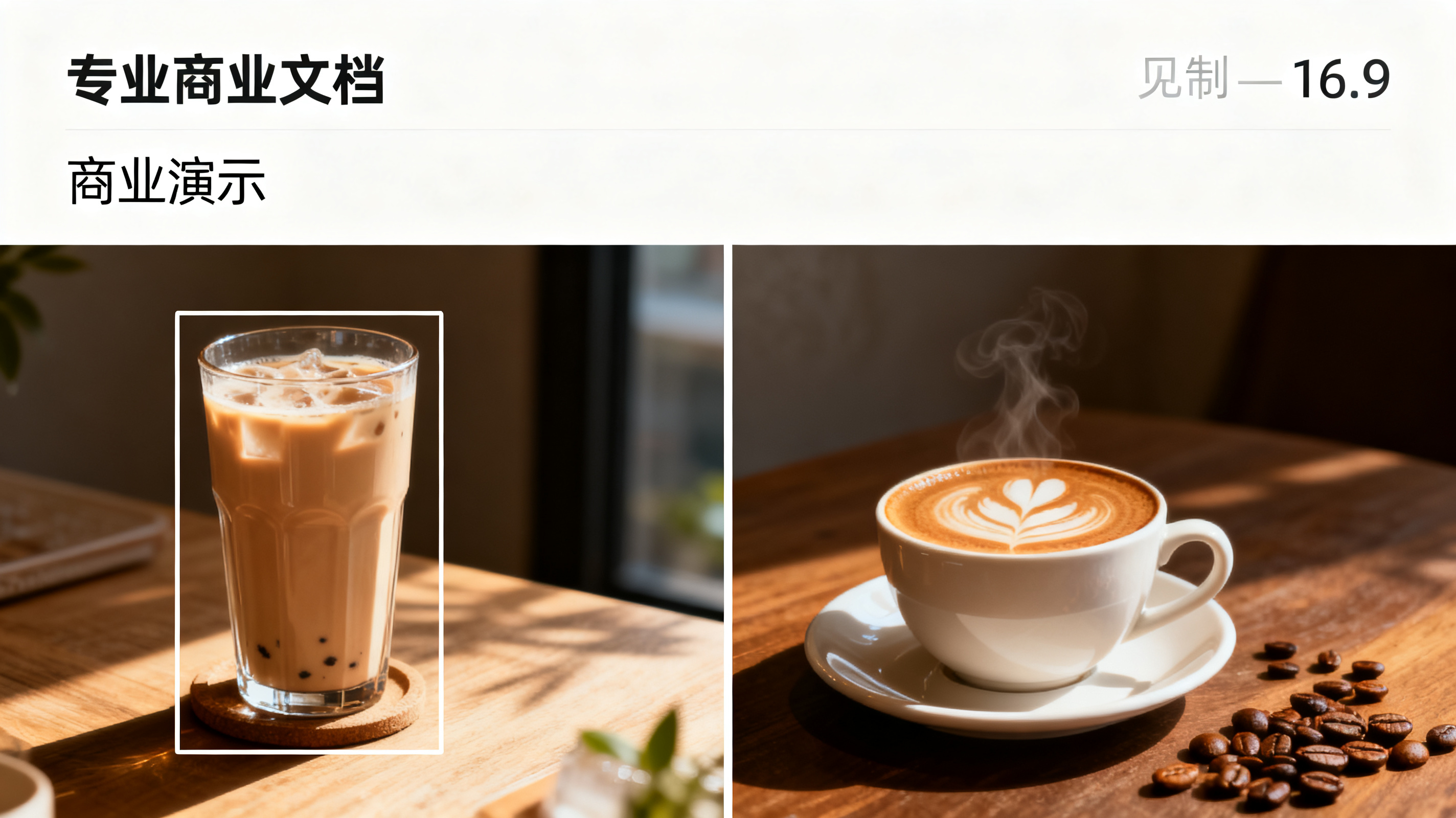 同一演示页面的前后对比，左侧框选一杯奶茶，右侧替换为咖啡并保持原有光影与风格统一，局部重绘示意，界面感克制，专业商业文档风格，16:9