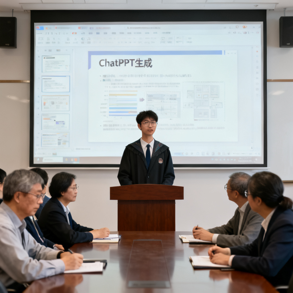答辩现场，一名研究生自信地站在讲台前，身后大屏幕上显示ChatPPT生成的清晰PPT页面，评委们认真聆听，氛围严肃而专业