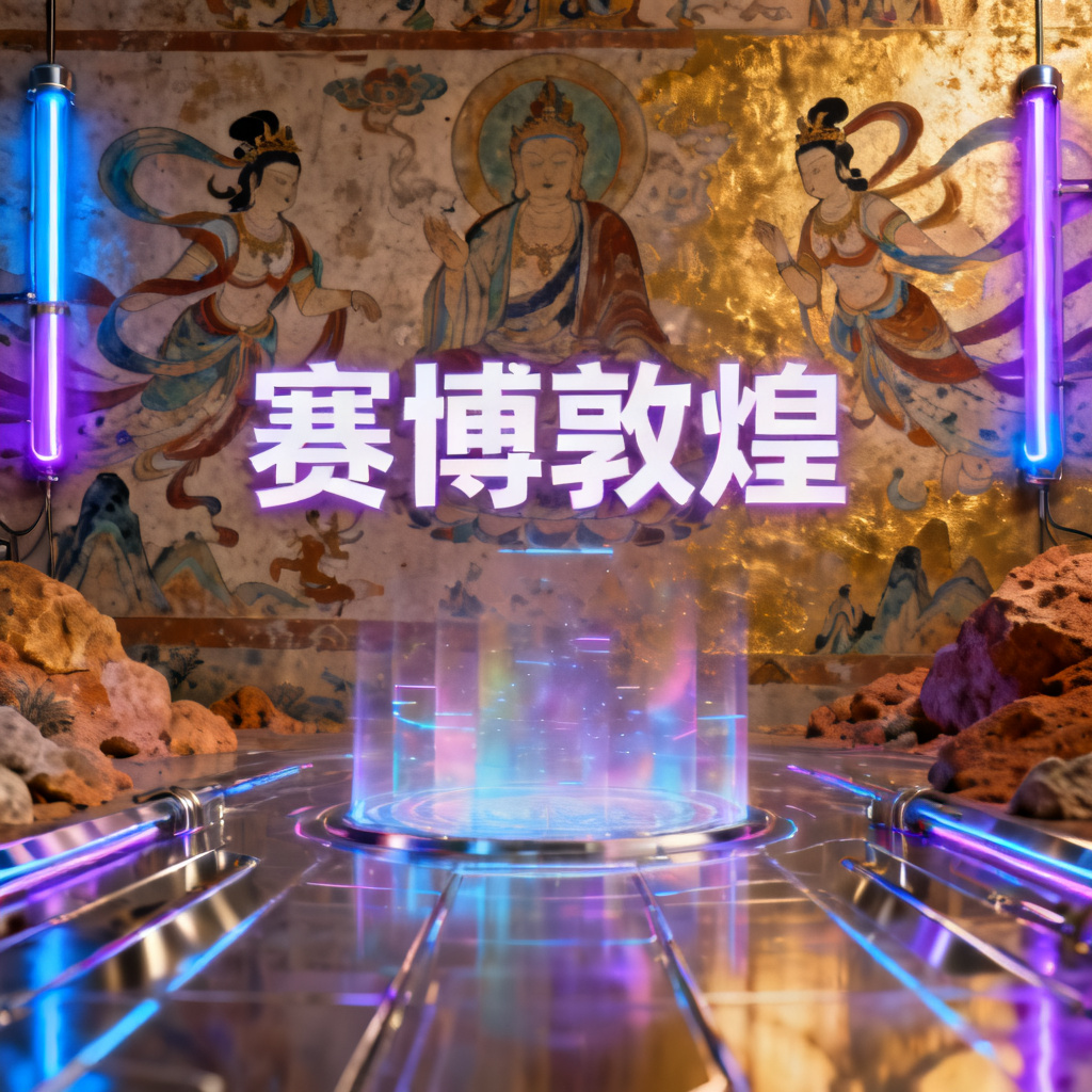 一份融合赛博朋克与敦煌壁画的PPT封面，霓虹灯管与飞天壁画交织，金属质感与矿物颜料碰撞，背景为全息投影效果