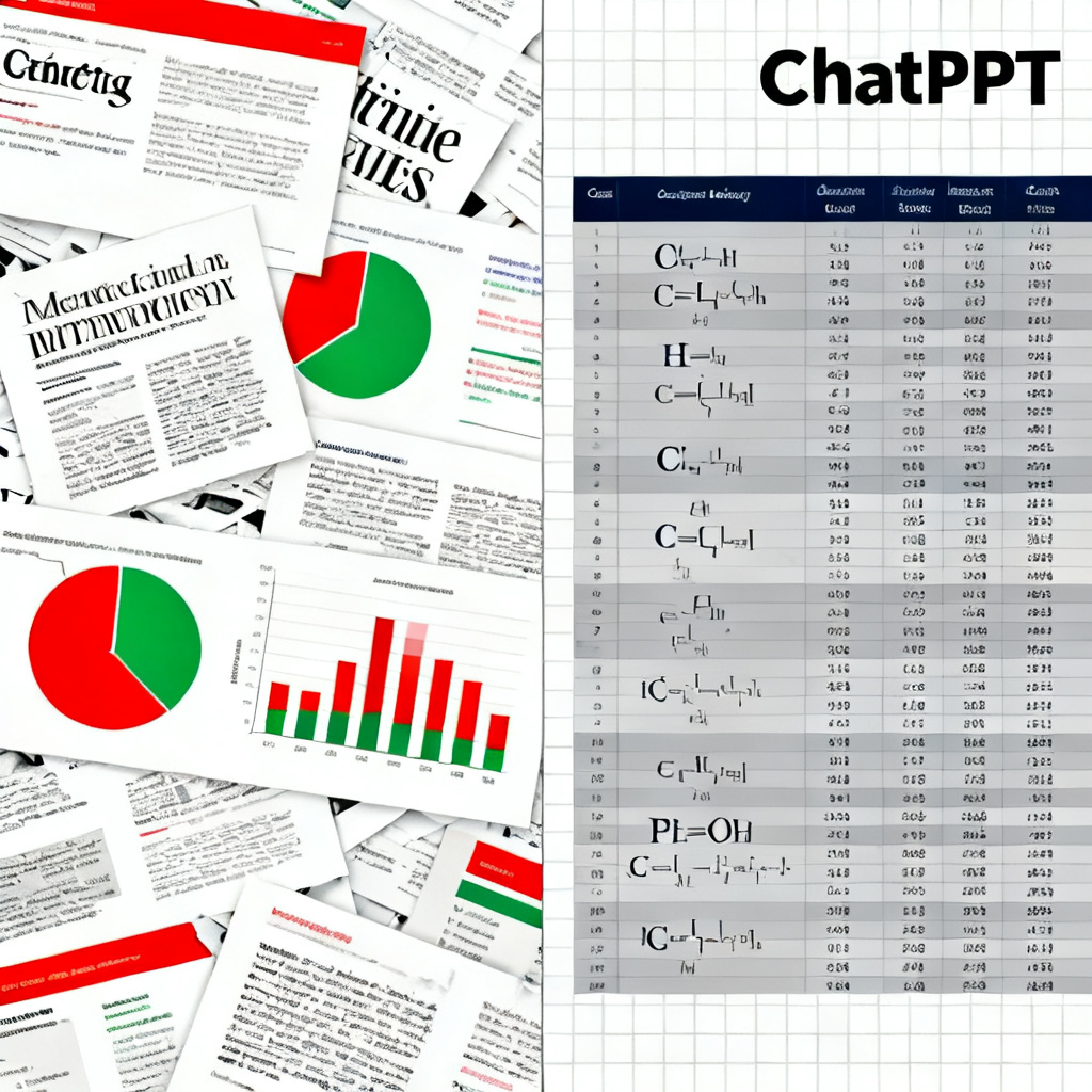 A side-by-side comparison: left side shows a messy, generic slide with mismatched fonts and charts; right side shows a professional academic slide with neatly formatted data tables and chemical formulas, labeled 'ChatPPT'.
