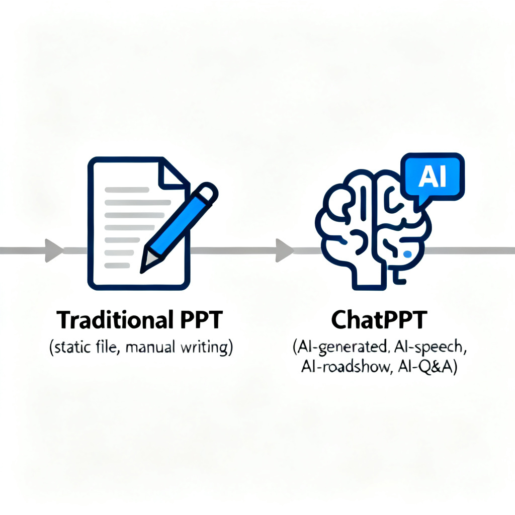 An infographic-style illustration showing a timeline from 'Traditional PPT' (static file, manual writing) to 'ChatPPT' (AI-generated, AI-speech, AI-roadshow, AI-Q&A). Each stage is represented by an icon. Style: flat design, professional, educational.