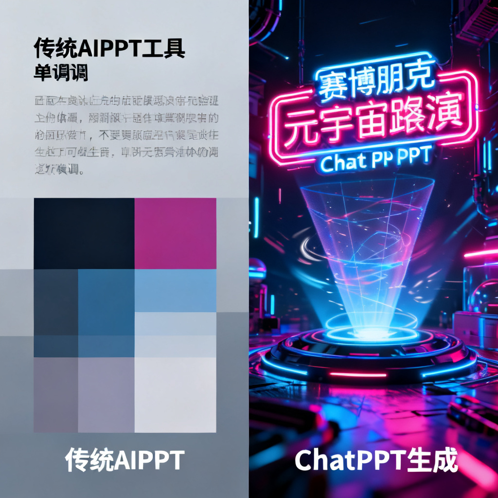 一张对比图，左侧显示传统AIPPT工具的单调模板，色块拼接生硬，文字与背景缺乏协调；右侧显示ChatPPT生成的赛博朋克风格元宇宙路演PPT，霓虹灯管字体、全息投影元素、动态光影效果，整体视觉冲击力极强。