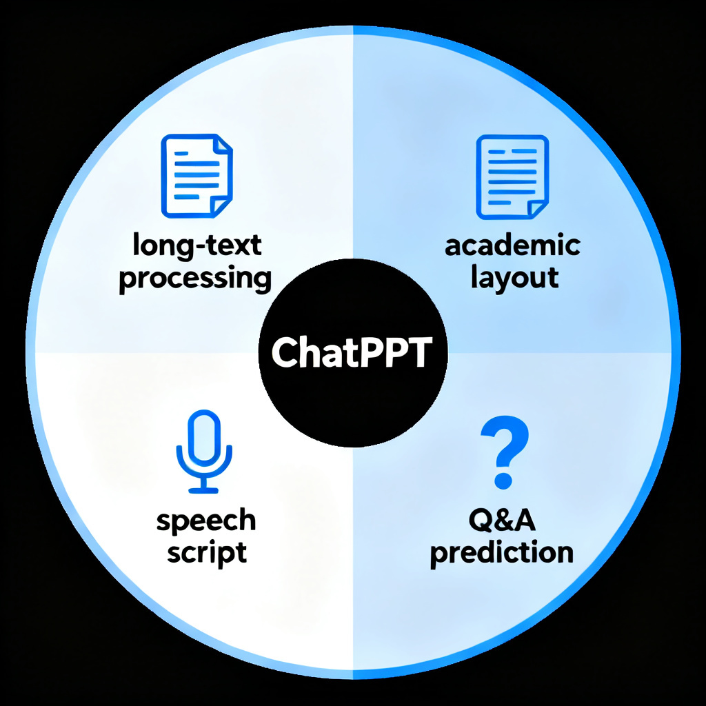A circular diagram showing the four key features of ChatPPT: long-text processing, academic layout, speech script, and Q&A prediction, with icons.
