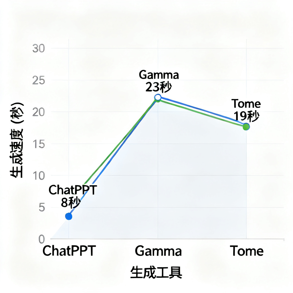 一张折线图，显示ChatPPT的生成速度（秒）与Gamma、Tome对比，ChatPPT明显更快，数据标签：ChatPPT 8秒，Gamma 23秒，Tome 19秒。
