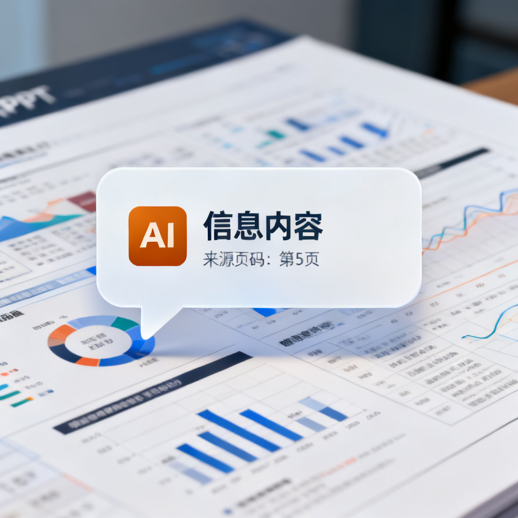 一个AI对话气泡从PPT页面中弹出，气泡内显示文字并标注来源页码，背景是复杂的图表和数据，风格简约清晰，强调信息溯源