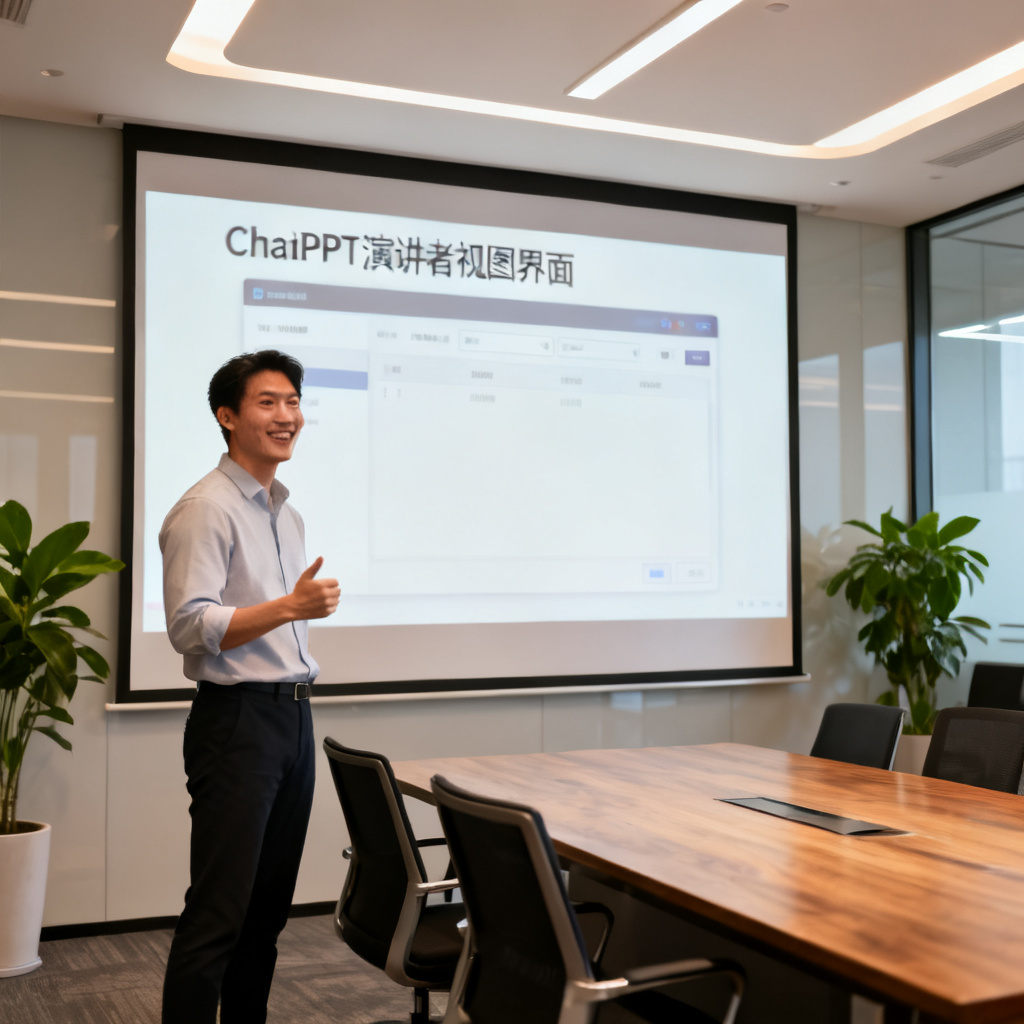 一个职场人士站在投影幕布前，幕布上显示ChatPPT的演讲者视图界面，人物表情自信，背景为会议室