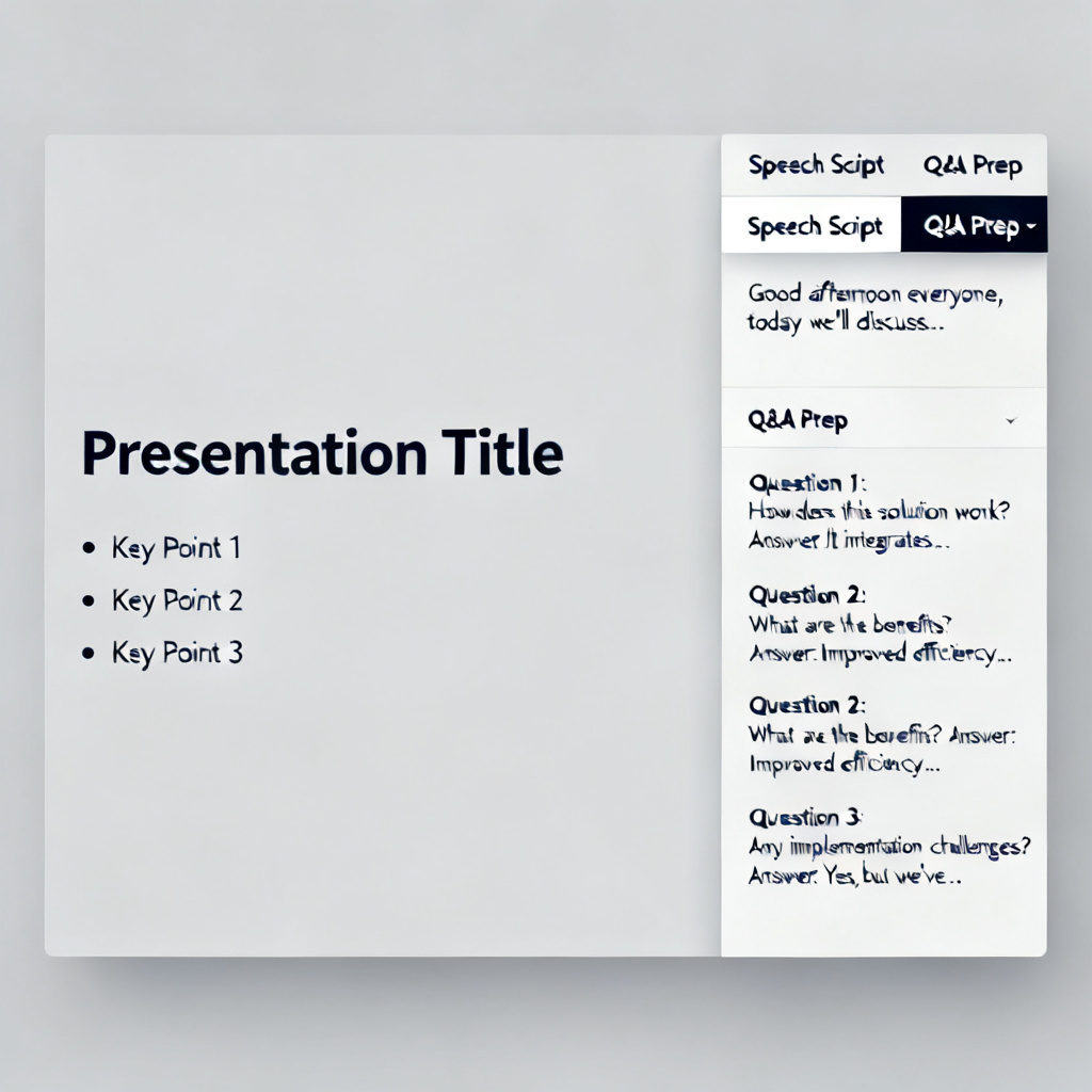 An interface mockup showing a PPT slide on the left and a side panel on the right. The side panel contains two tabs: "Speech Script" showing a paragraph of text, and "Q&A Prep" listing three potential questions with suggested answers. The design is clean and professional.
