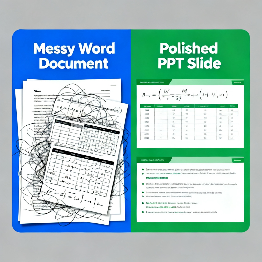 Side-by-side comparison of a messy Word document with equations and tables on the left, and a polished, structured PPT slide on the right, highlighting the transformation