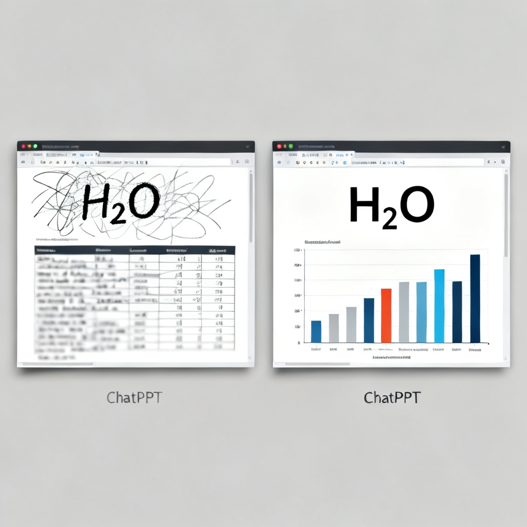 A side-by-side comparison of two slides. The left slide is a messy academic slide with a poorly formatted chemical formula and a blurry data table. The right slide is the same content, but cleanly formatted by ChatPPT, with a crisp formula and a clear, professional-looking bar chart.