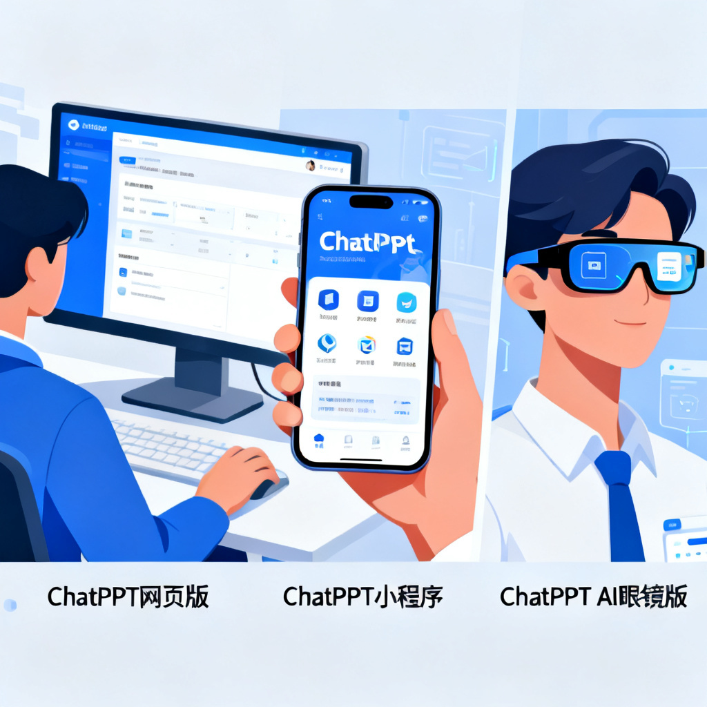 一个用户在不同设备上使用ChatPPT，包括网页版、手机小程序和AI眼镜，体现多端覆盖