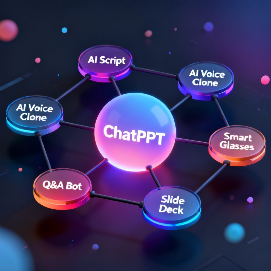 An abstract 3D visualization of a 'presentation ecosystem' — a central glowing orb labeled 'ChatPPT' connected to nodes labeled 'AI Script', 'AI Voice Clone', 'Smart Glasses', 'Q&A Bot', 'Slide Deck'. The background is a dark, techy gradient with floating particles. Style: isometric, futuristic, clean, vibrant colors.
