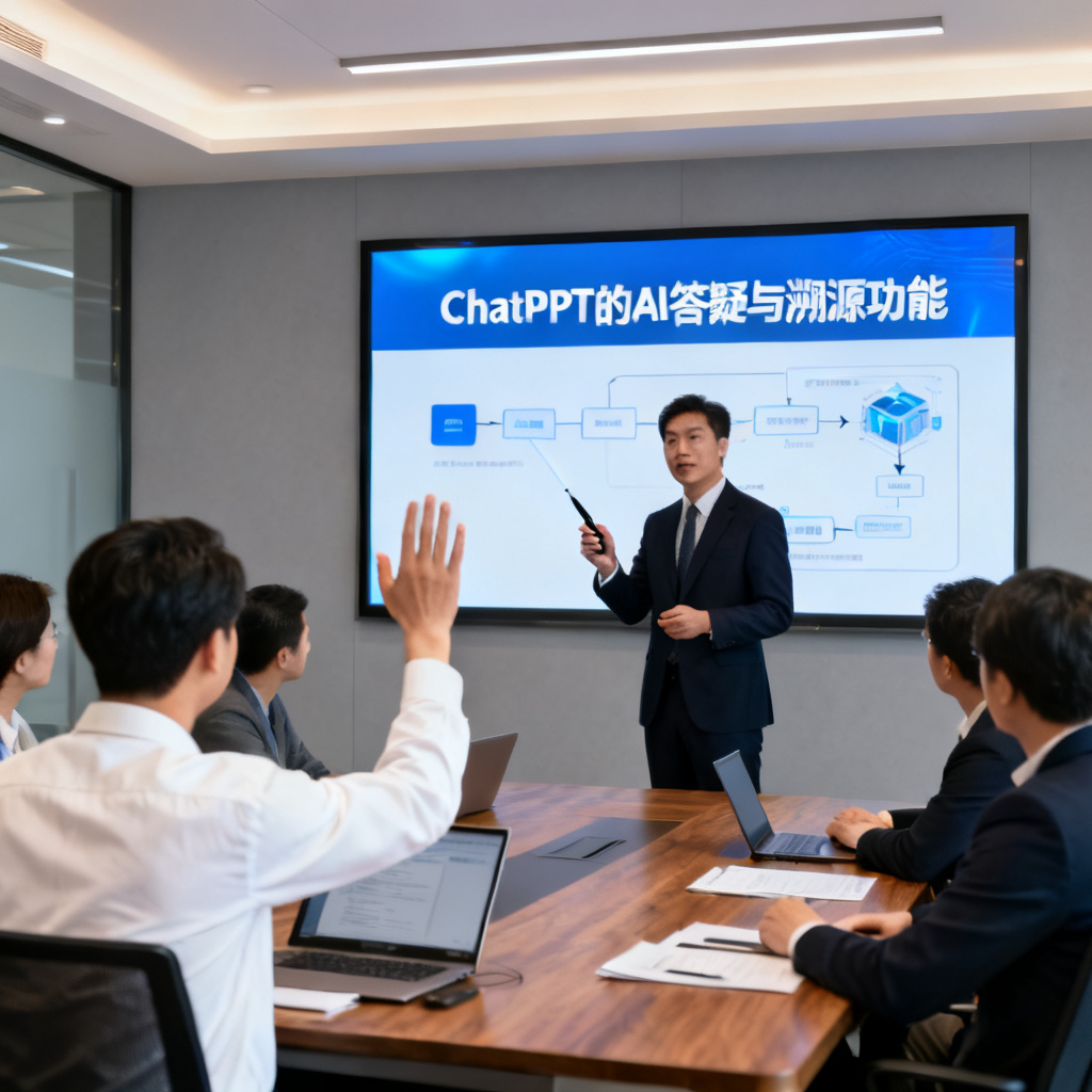 一个职场人士在会议室中自信地进行路演，背后大屏幕显示ChatPPT的AI答疑与溯源功能，听众在提问