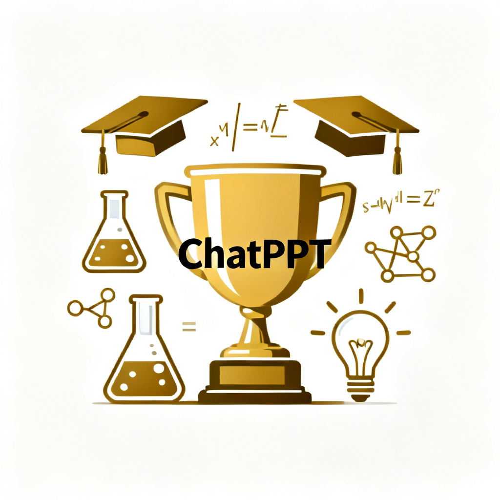 A trophy icon with 'ChatPPT' text, surrounded by graduation caps and scientific symbols