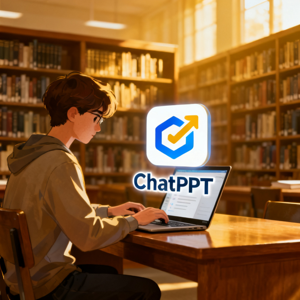 A student working on a laptop at a desk, with a giant ChatPPT logo floating above the screen, symbolizing effortless PPT creation. The background is a university library with bookshelves.