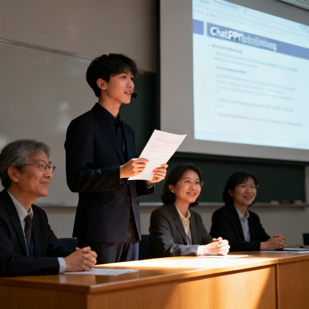 答辩现场，学生自信地使用ChatPPT生成的逐字稿进行演讲，评委点头认可