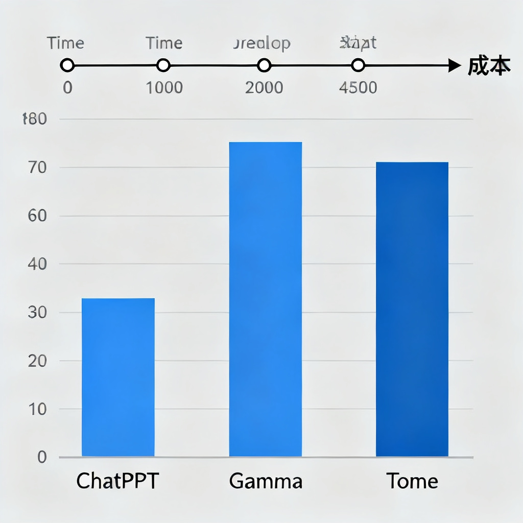 效率对比图表，ChatPPT vs Gamma vs Tome，时间轴与成本柱状图，专业商业风格