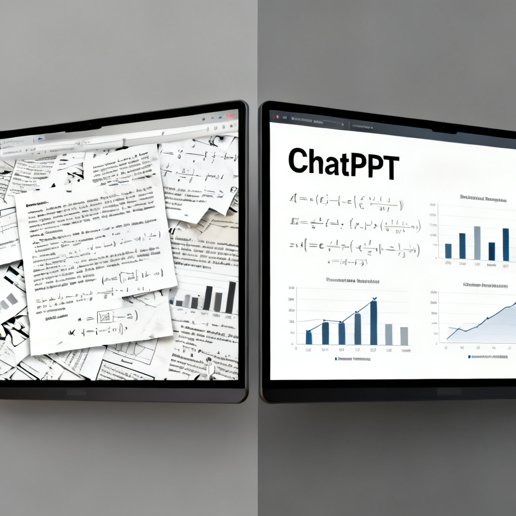A side-by-side comparison of a messy academic PPT vs a well-formatted one with formulas and charts, the latter labeled 'ChatPPT', style: split-screen, realistic