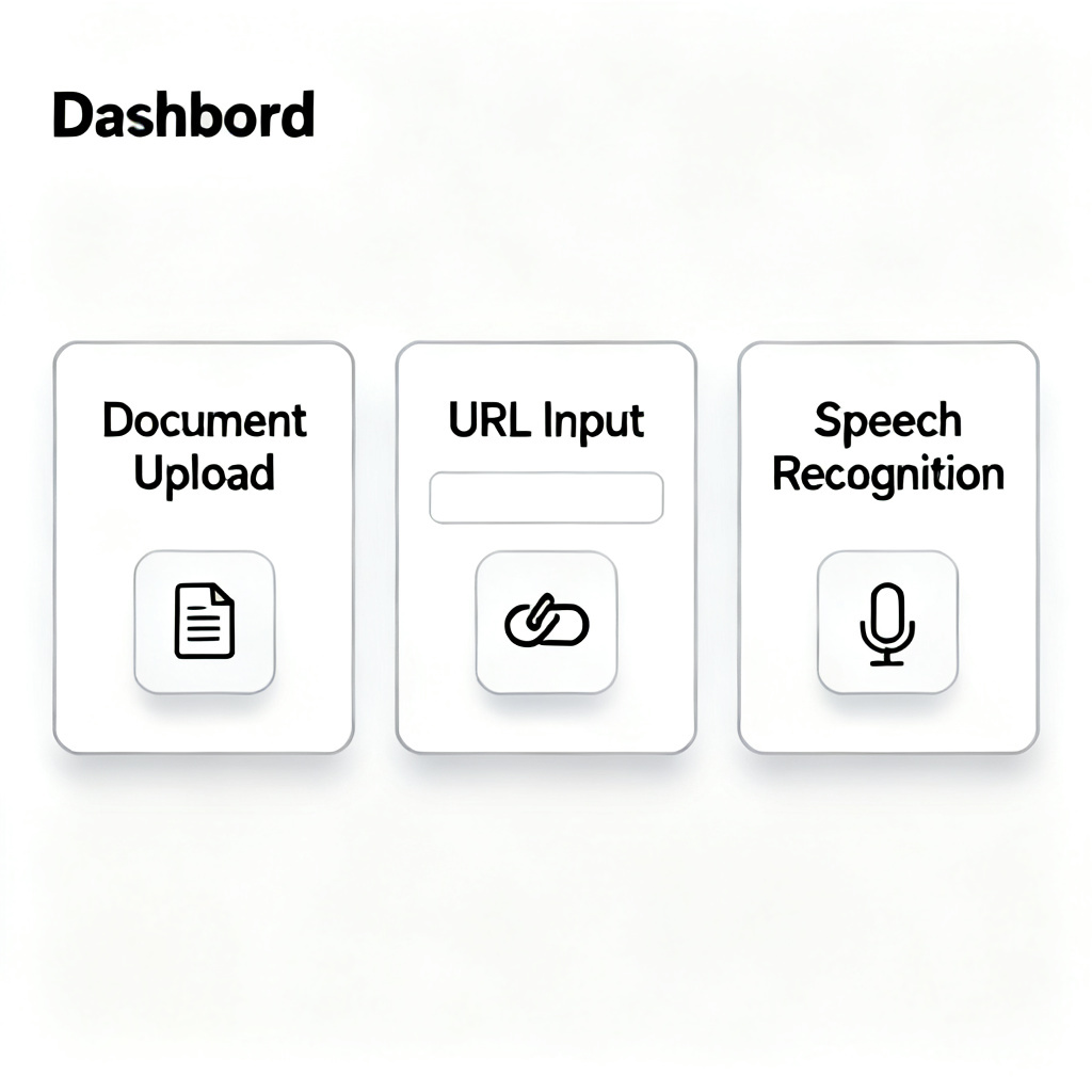 A detailed dashboard interface of an AI PPT tool showing multiple input options like document upload, URL, and speech recognition on a clean white background