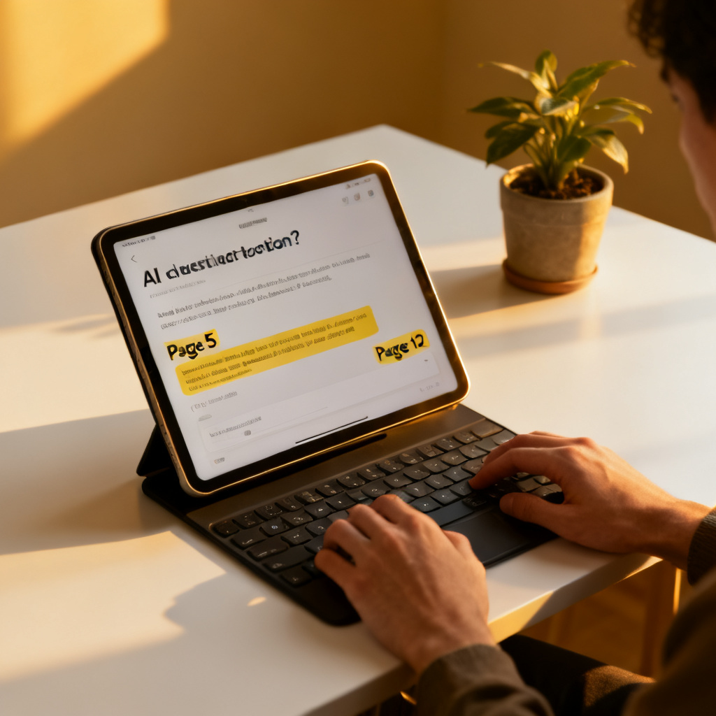A user typing a question on a tablet, the AI response appears on the screen with page number references highlighted, minimalist desk setup, warm lighting, photorealistic.
