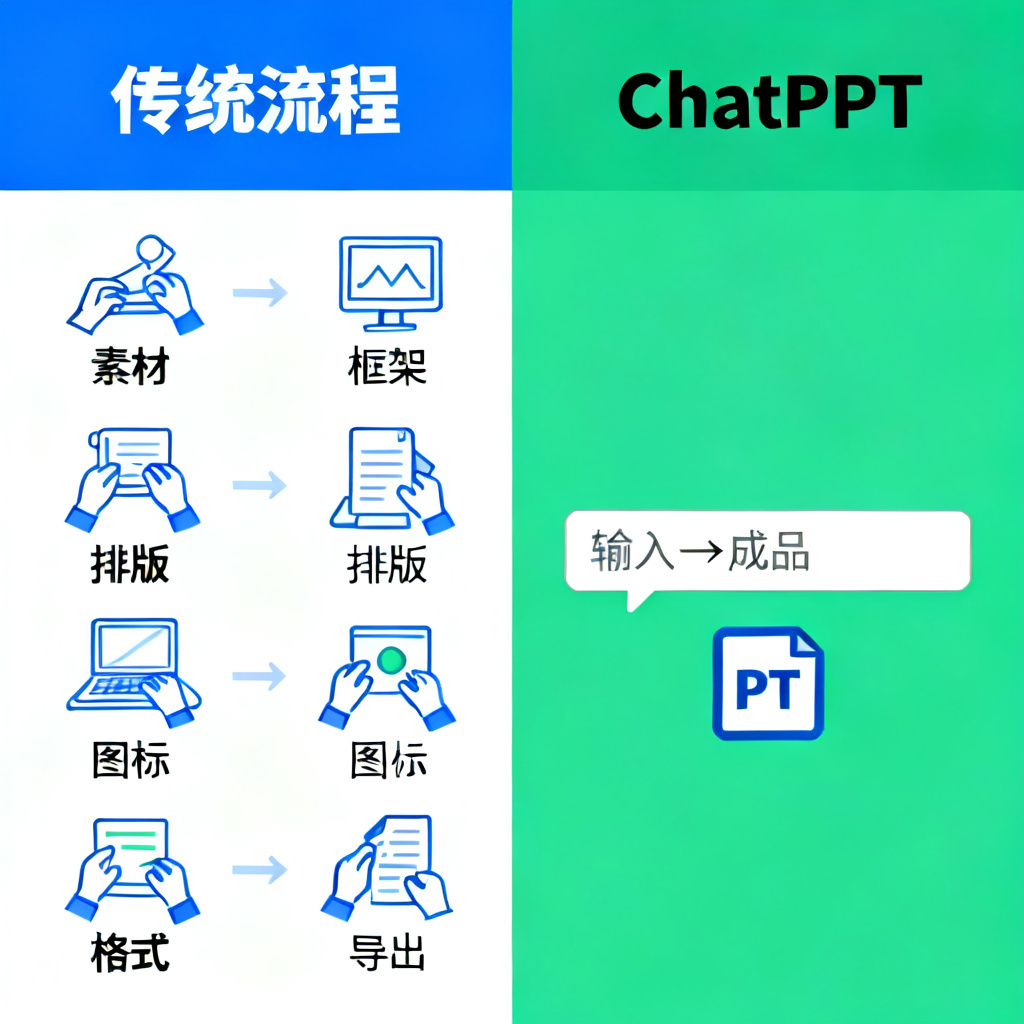 一张时间对比图:传统流程需要6个步骤(素材→框架→排版→图标→格式→导出),ChatPPT只需1个步骤(输入→成品)